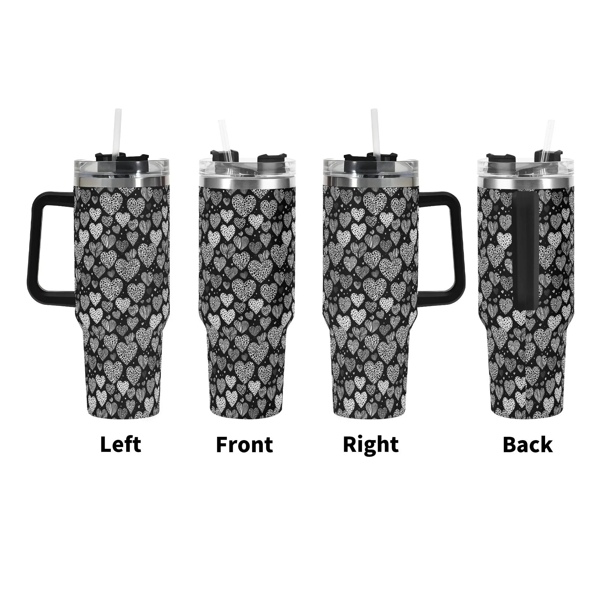 Black and White Hearts 40oz Stainless Steel Tumbler Gift With Black Handle and Straw