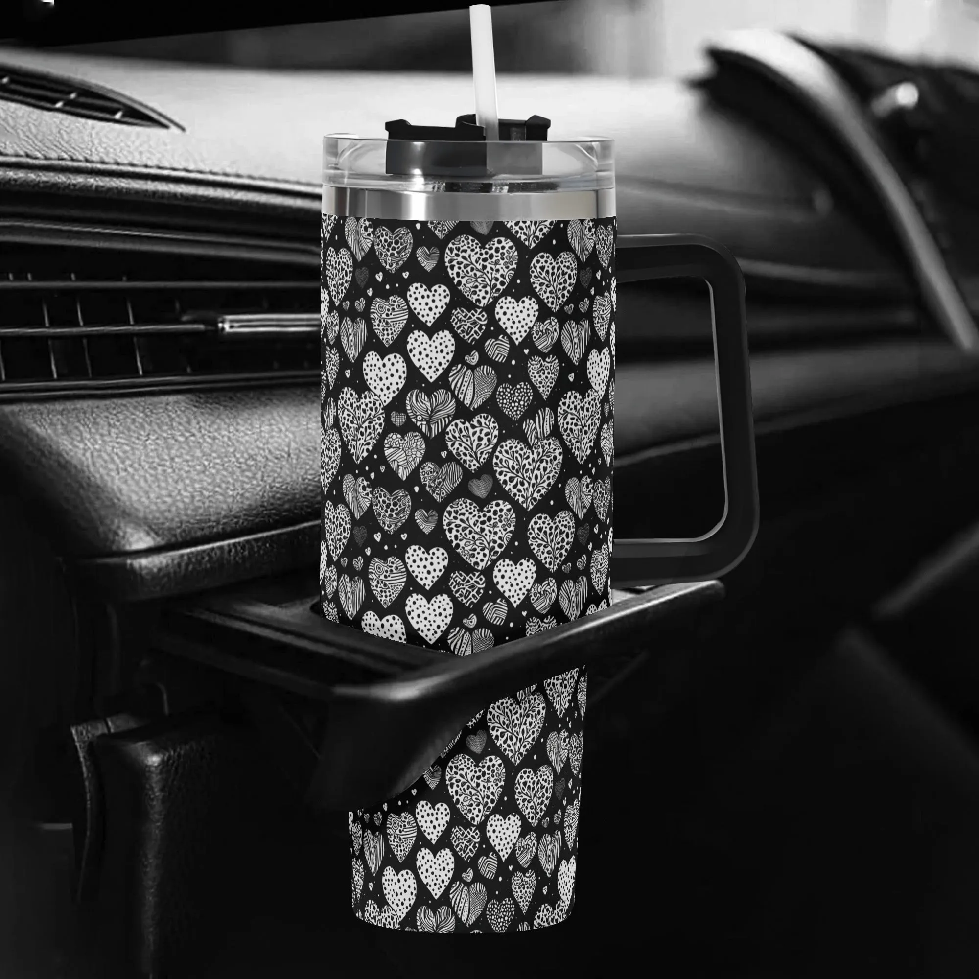 Black and White Hearts 40oz Stainless Steel Tumbler Gift With Black Handle and Straw