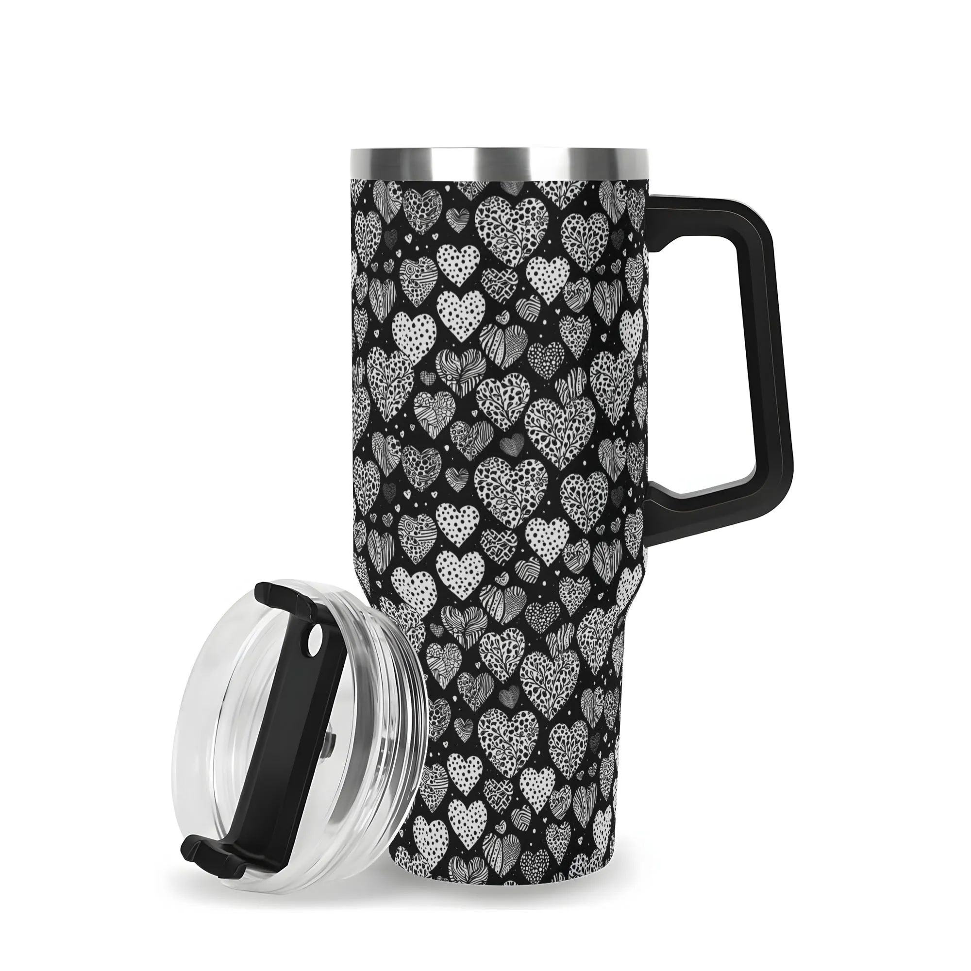 Black and White Hearts 40oz Stainless Steel Tumbler Gift With Black Handle and Straw