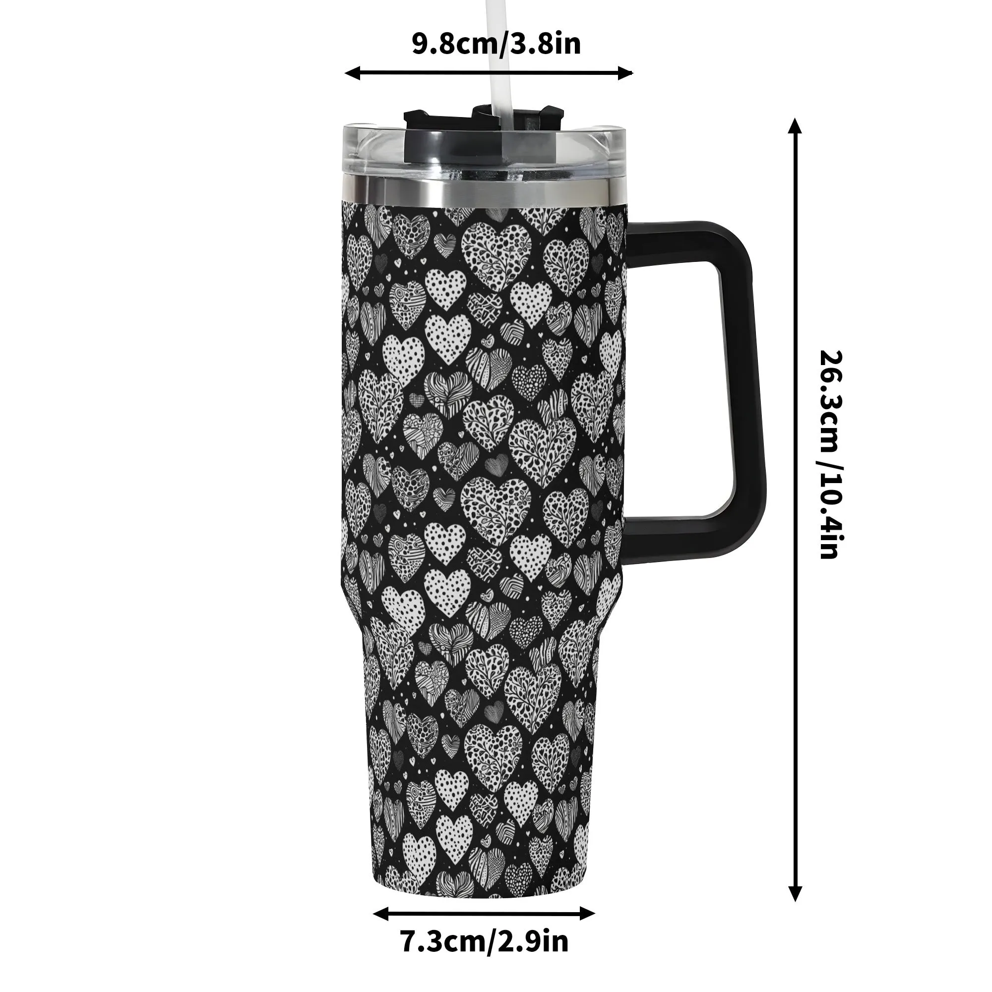 Black and White Hearts 40oz Stainless Steel Tumbler Gift With Black Handle and Straw