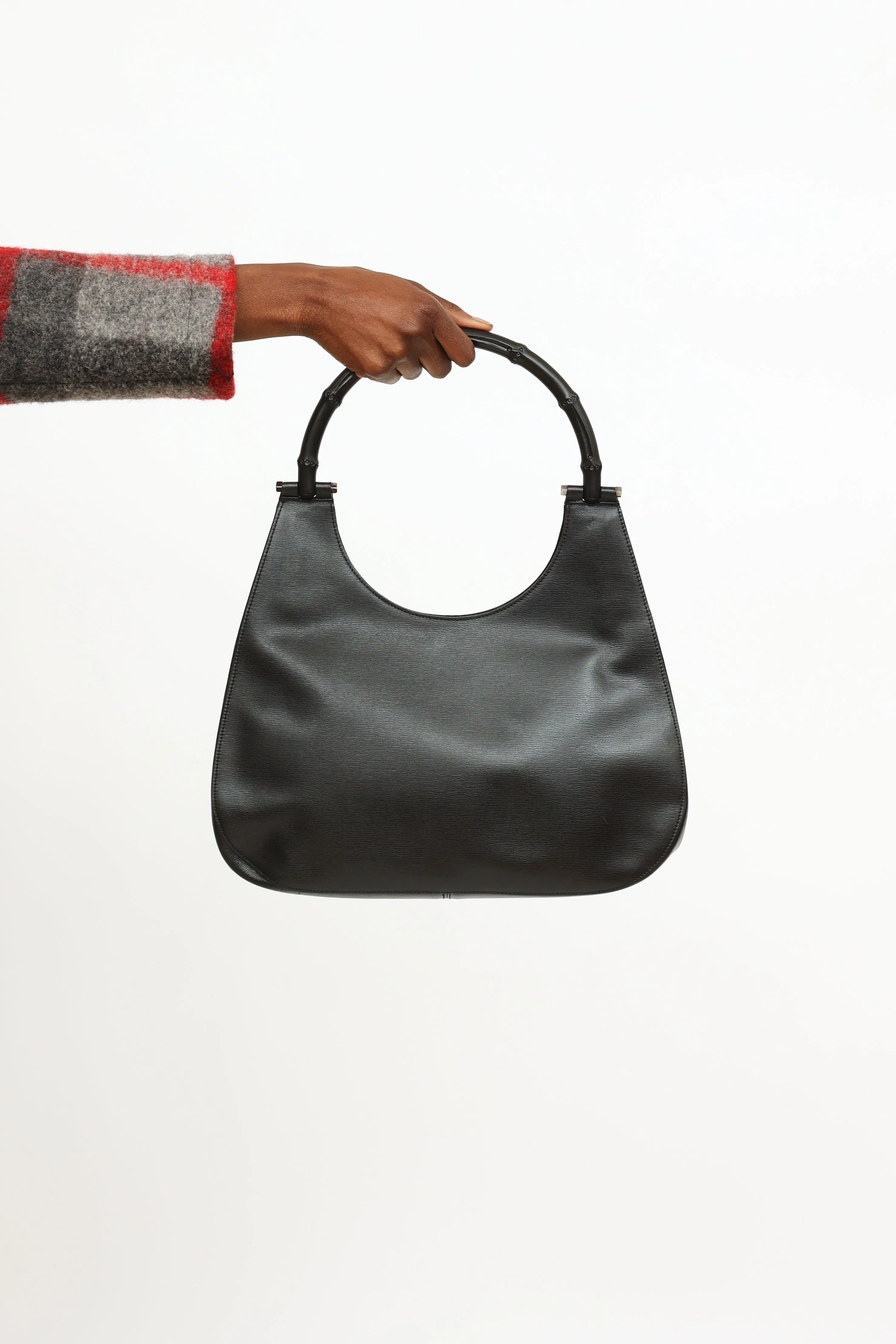 Black Leather Bamboo Top Handle Bag