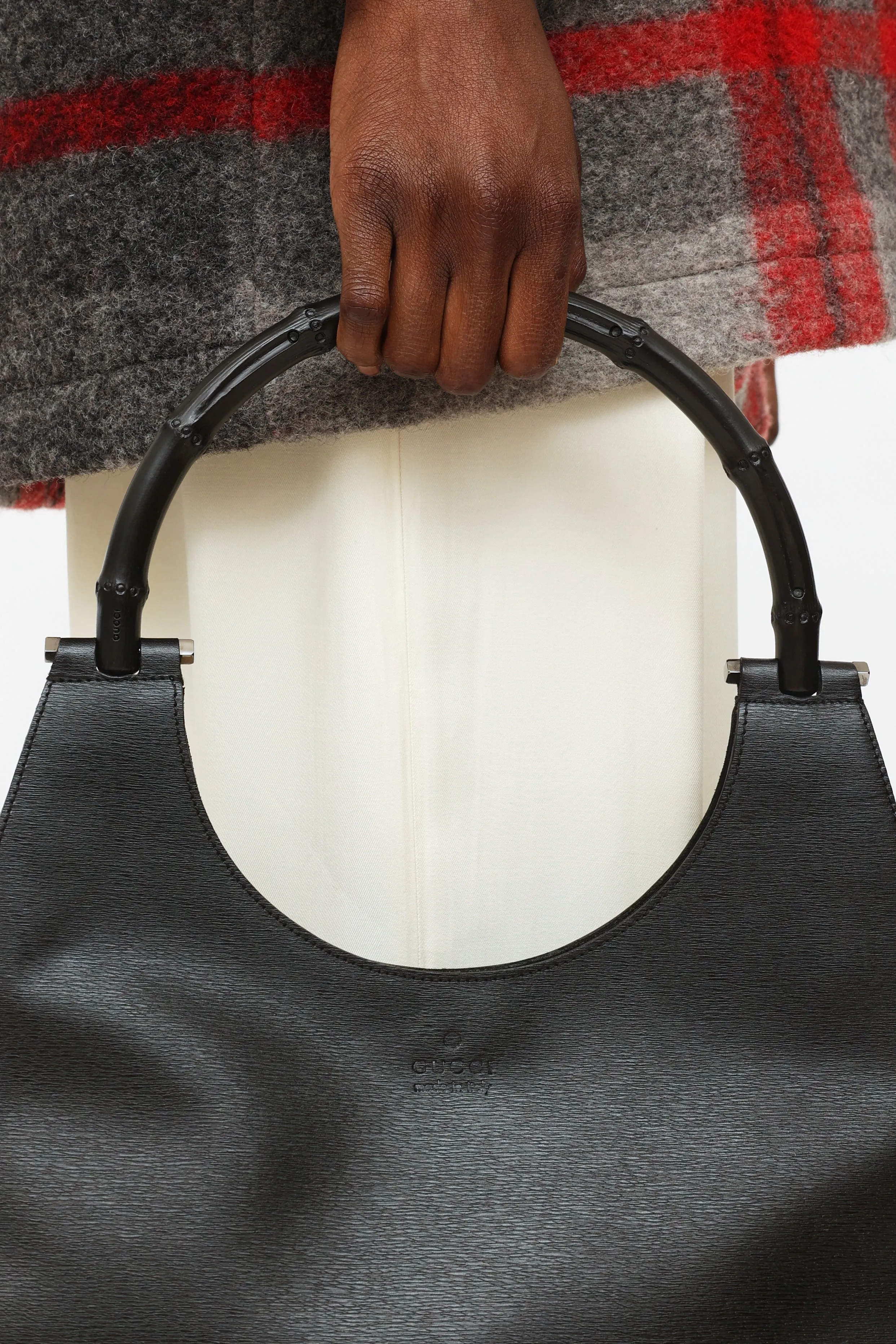 Black Leather Bamboo Top Handle Bag