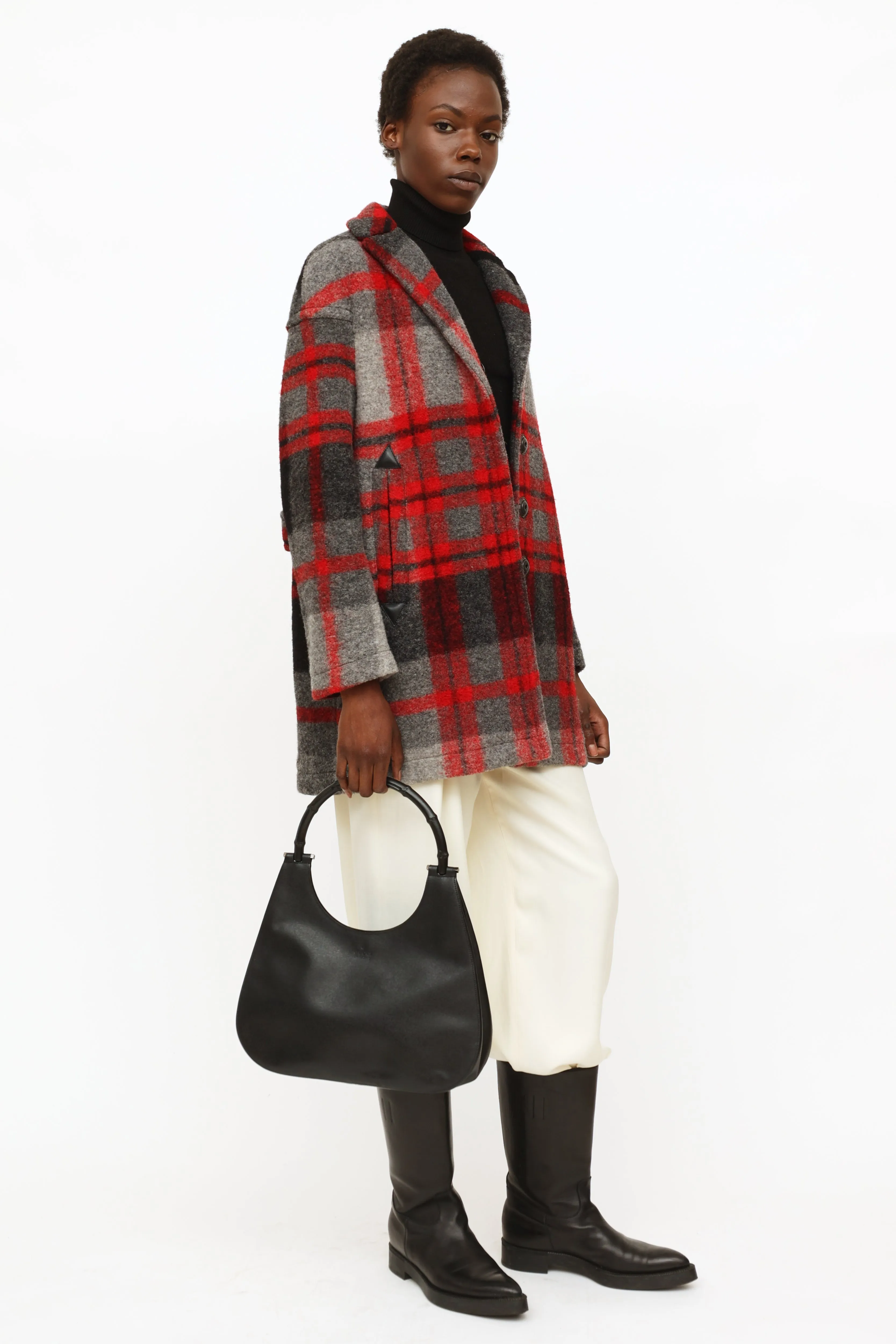 Black Leather Bamboo Top Handle Bag