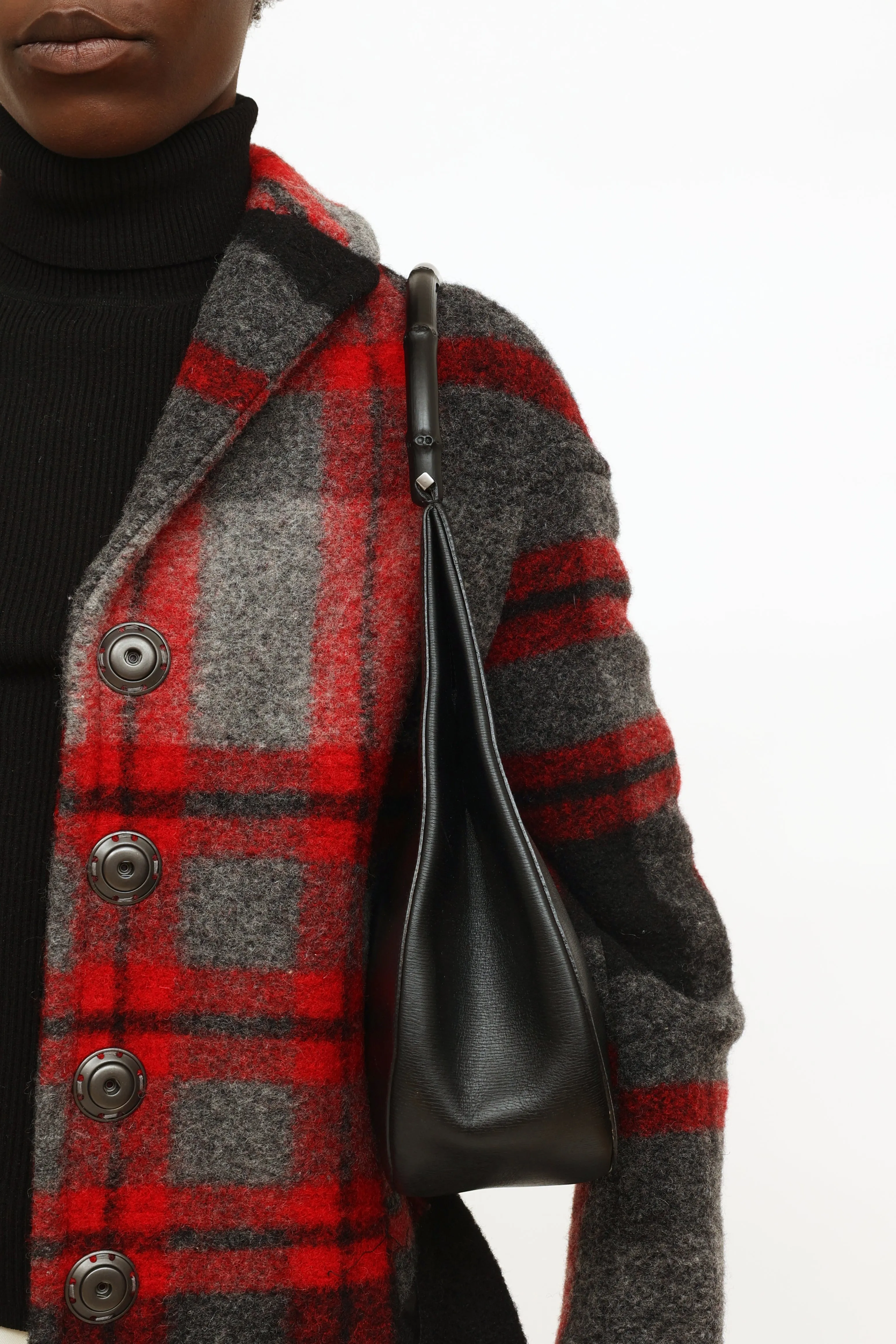 Black Leather Bamboo Top Handle Bag