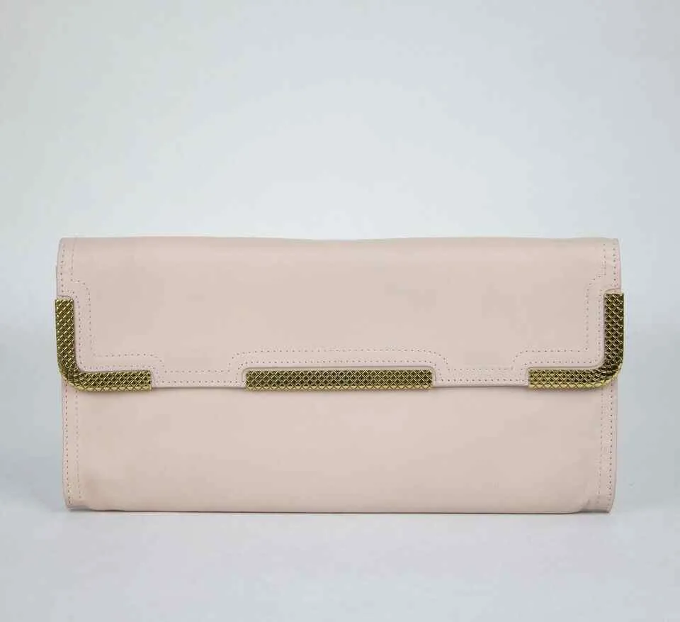BOTTEGA VENETA Women's Leather Wristlet Clutch Bag Gold Detail Pink