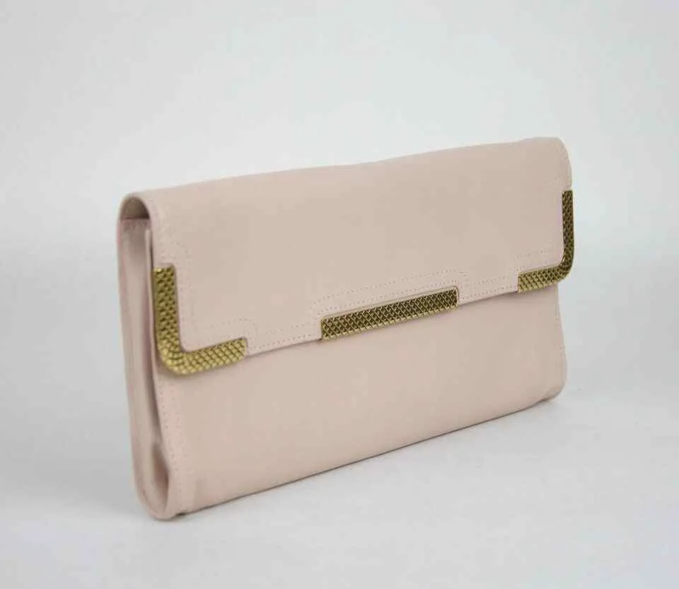 BOTTEGA VENETA Women's Leather Wristlet Clutch Bag Gold Detail Pink