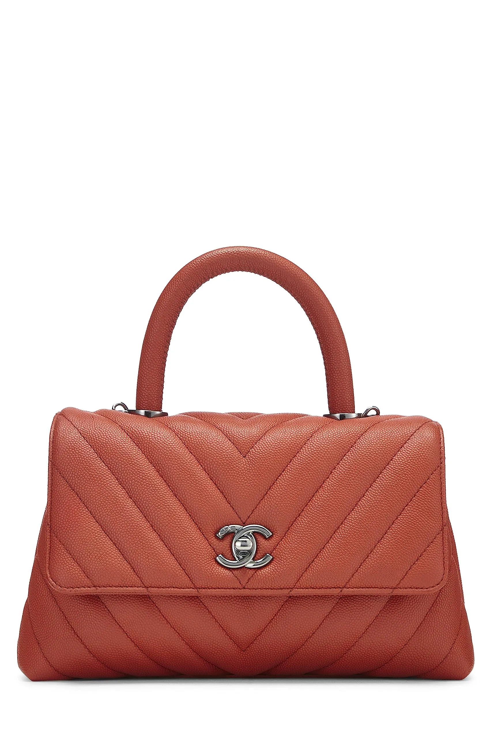 Chanel,  Orange Chevron Caviar Coco Handle Bag Small, Orange