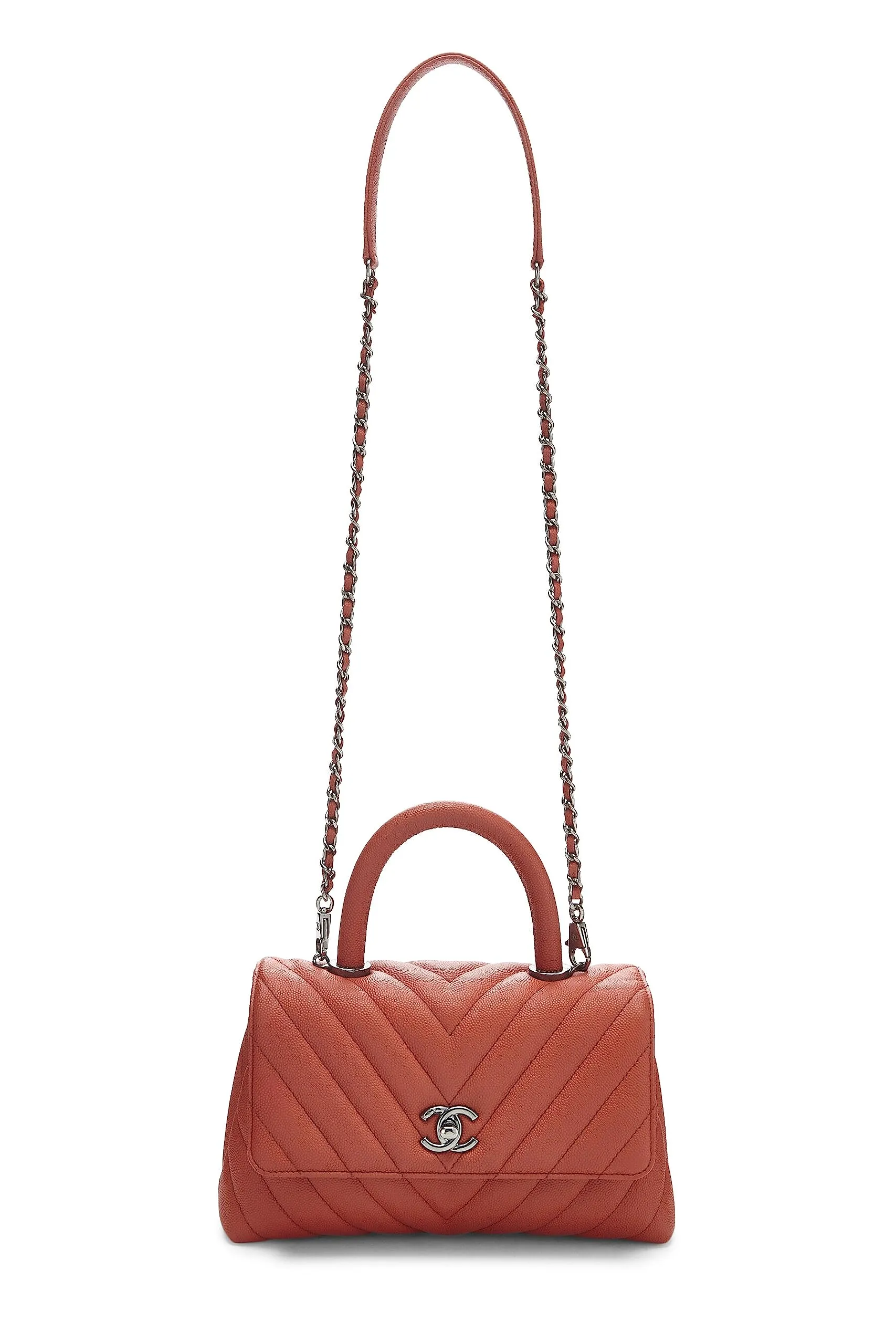 Chanel,  Orange Chevron Caviar Coco Handle Bag Small, Orange