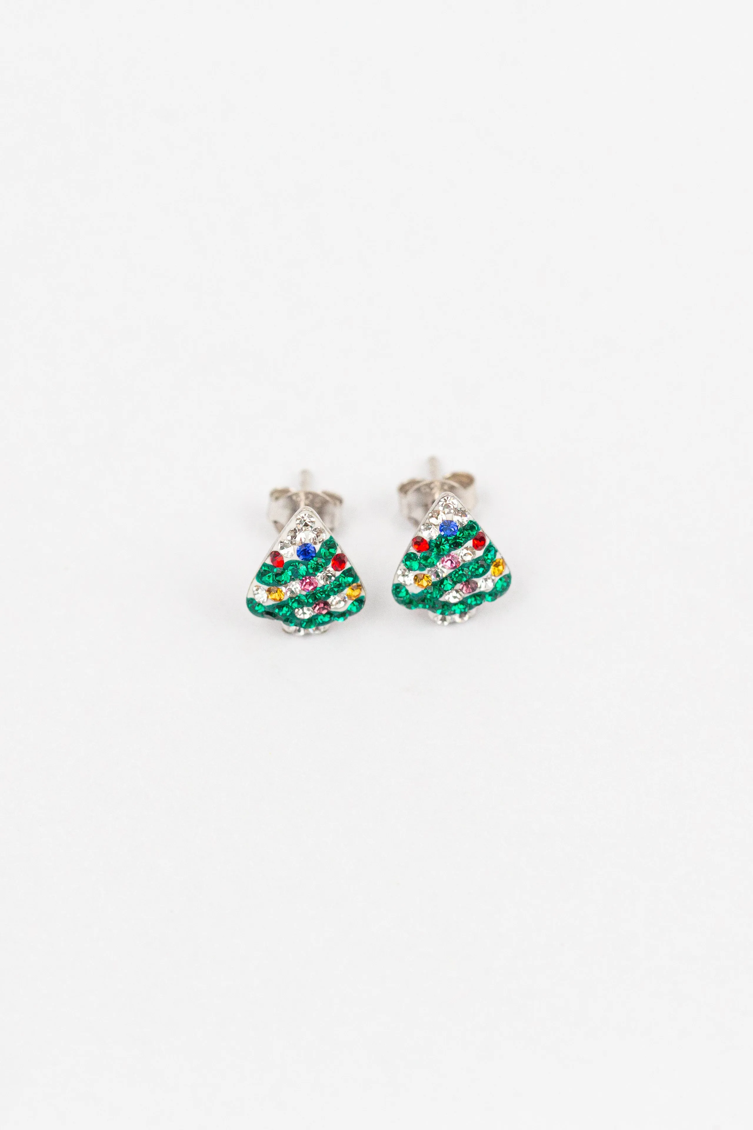 Christmas Tree Holiday Crystal Silver Stud Earrings