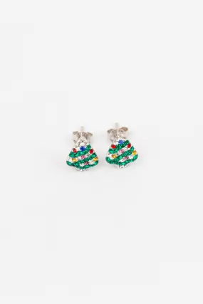 Christmas Tree Holiday Crystal Silver Stud Earrings