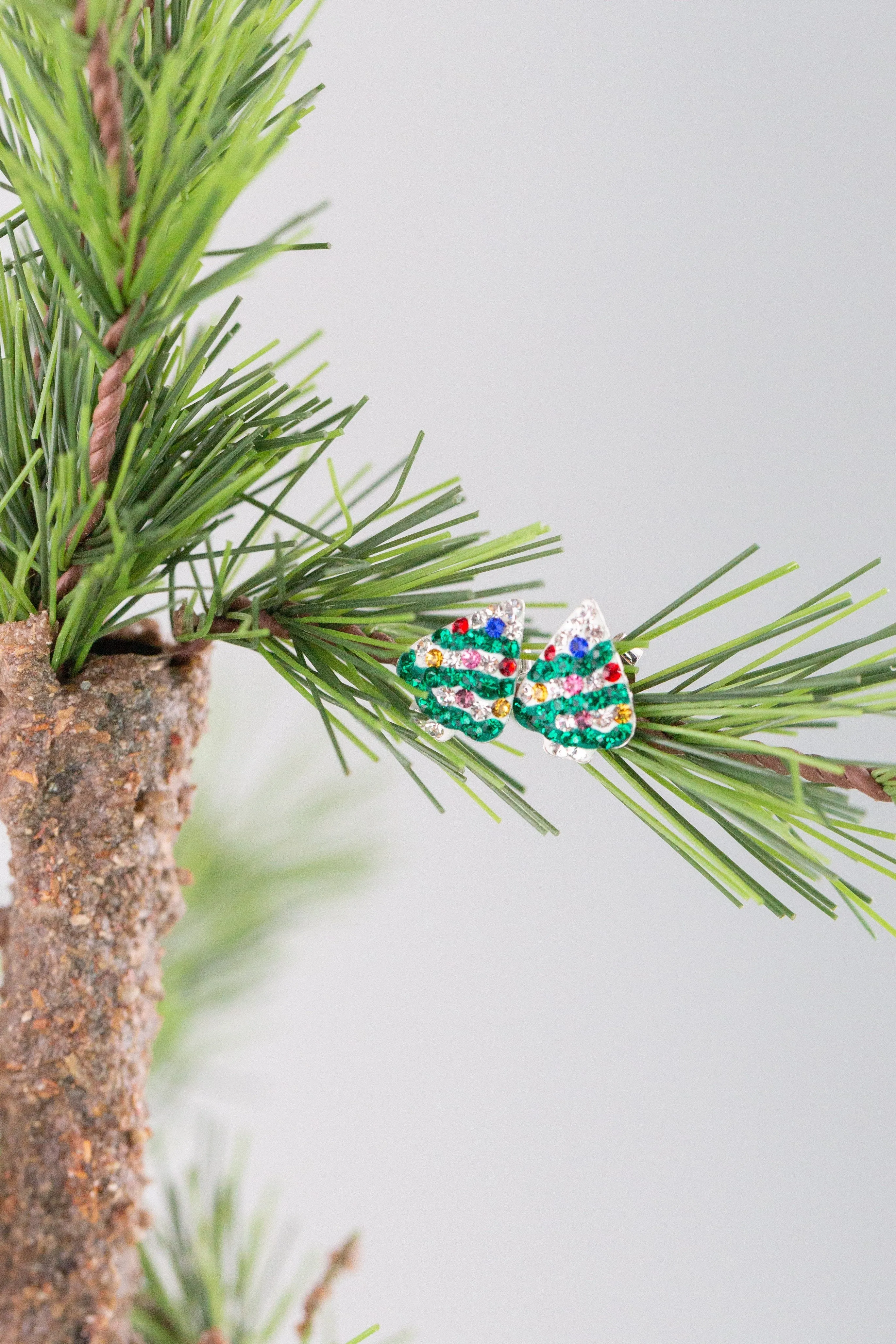 Christmas Tree Holiday Crystal Silver Stud Earrings