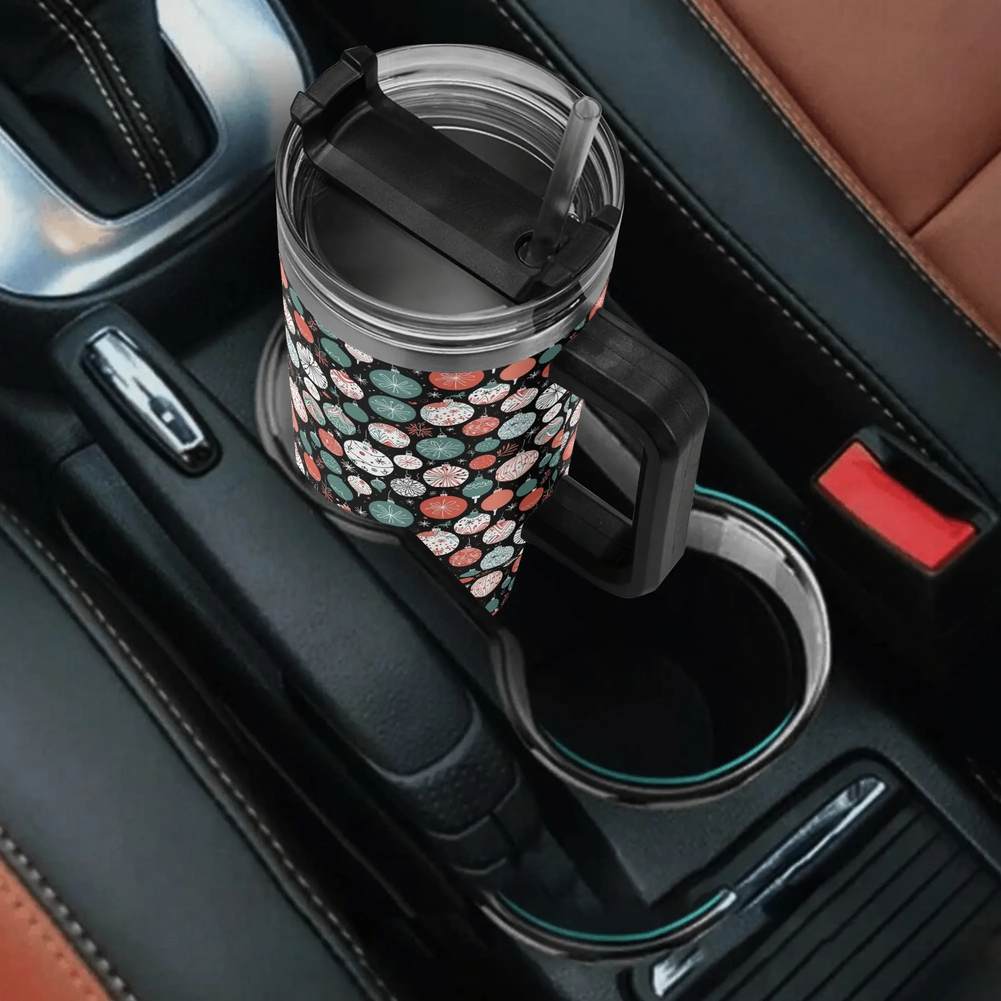 Colorful Ornament 40oz Stainless Steel Tumbler Gift With Black Handle and Straw
