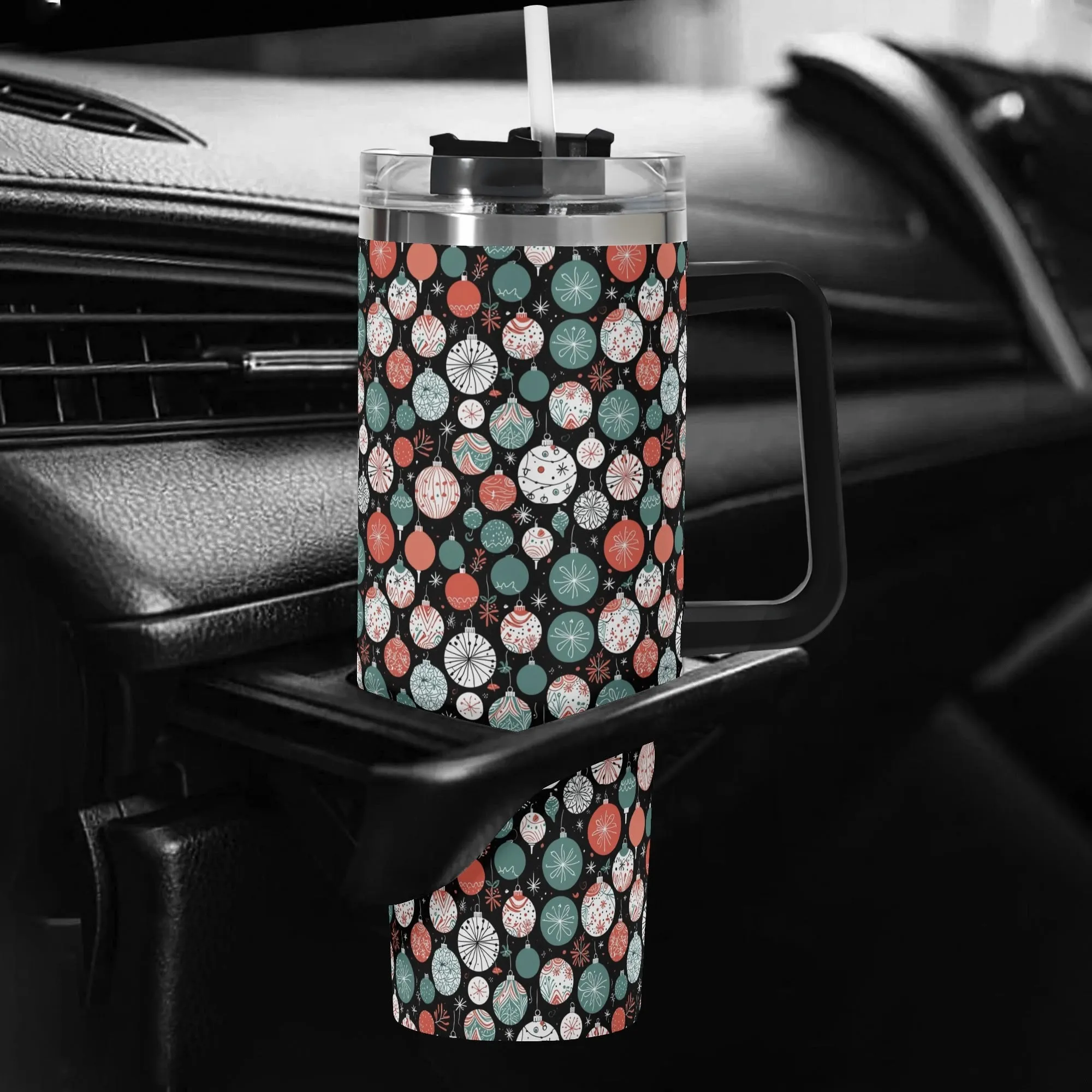 Colorful Ornament 40oz Stainless Steel Tumbler Gift With Black Handle and Straw