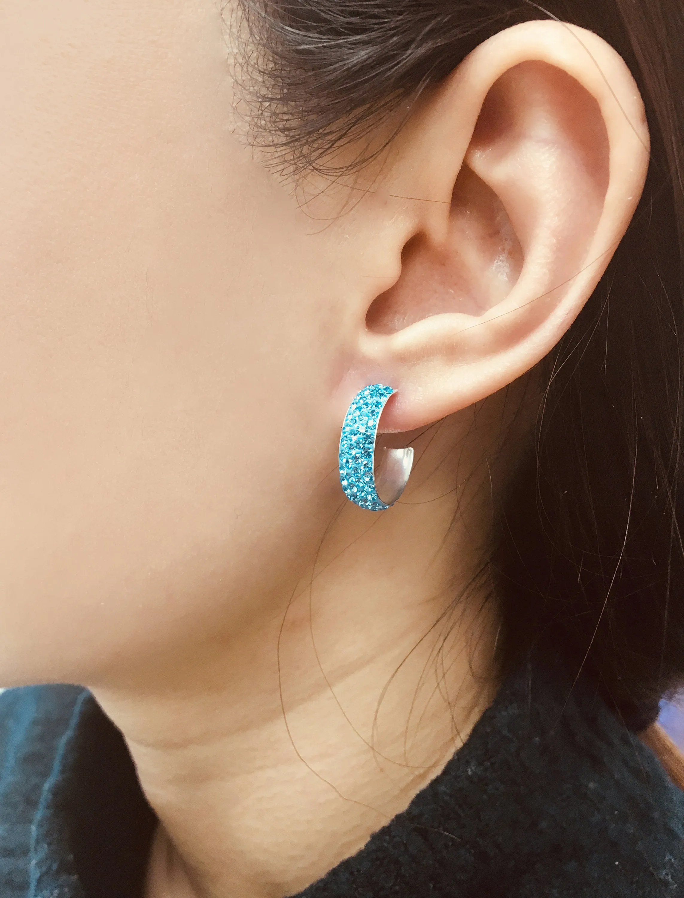 Crystal 3/4" C Huggie Hoop Sterling Silver Earrings