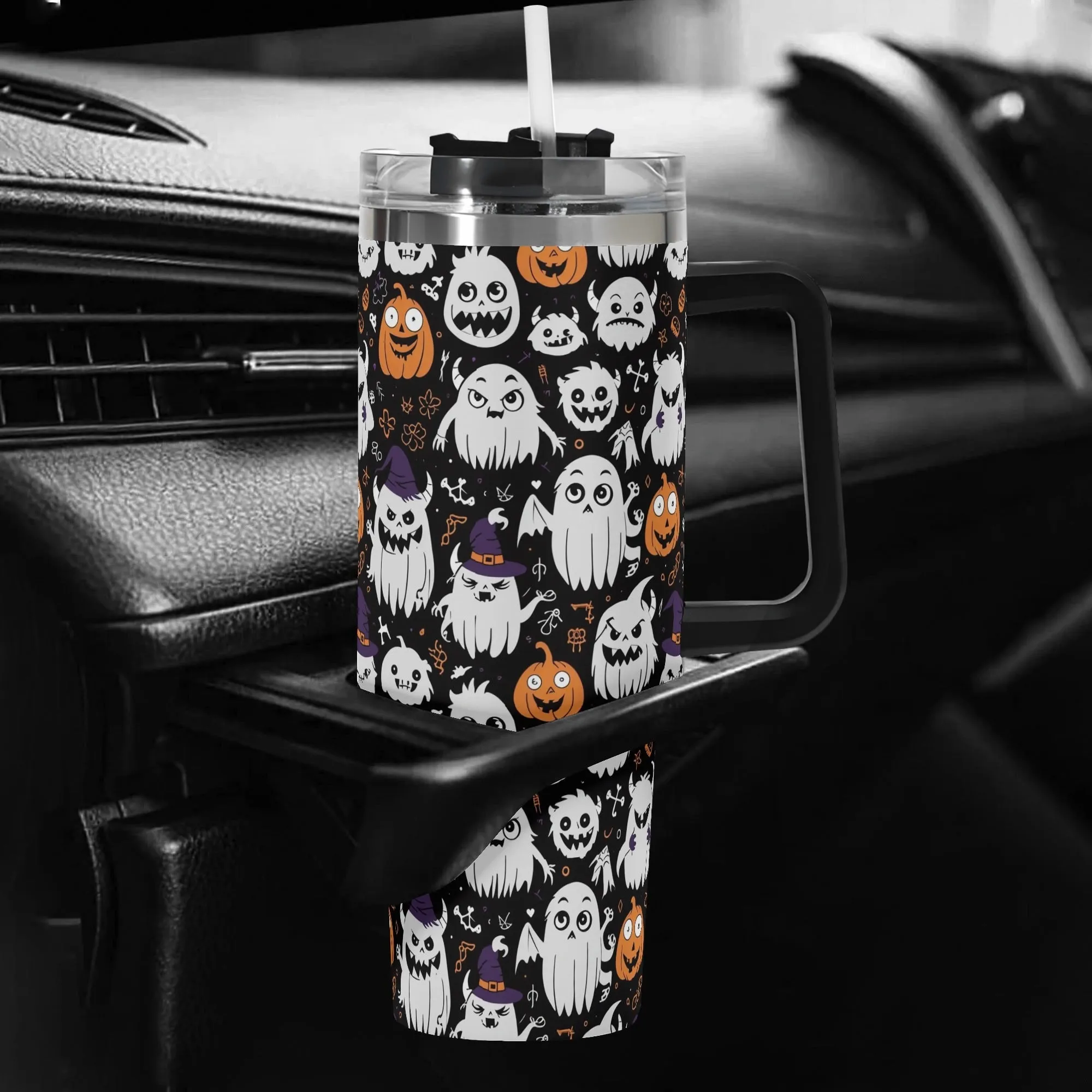 Cute Monster Witches 40oz Stainless Steel Tumbler Gift With Black Handle and Straw