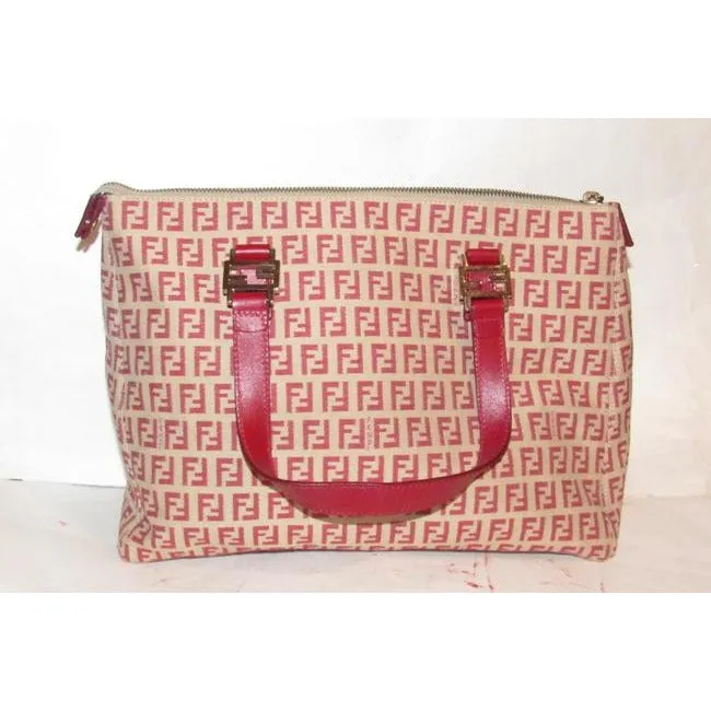 Fendi Top Handle Style Purse Red Zucchino Print On Tan Canvas And Leather Satchel