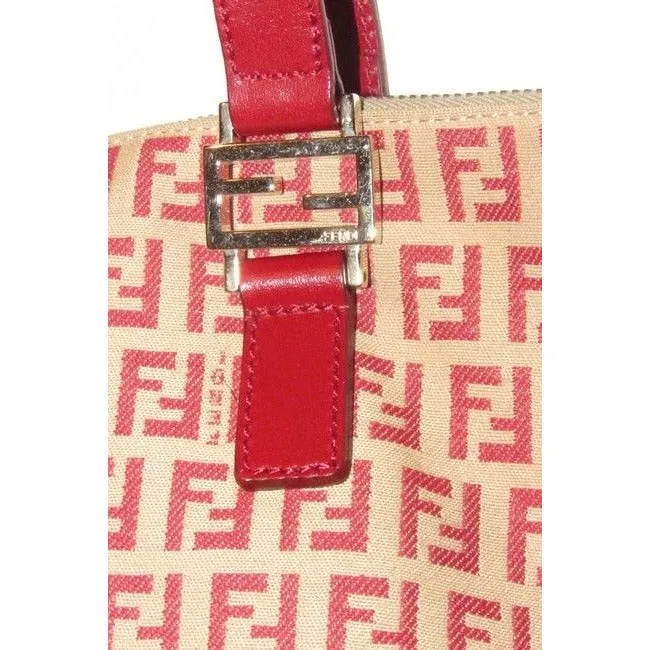 Fendi Top Handle Style Purse Red Zucchino Print On Tan Canvas And Leather Satchel