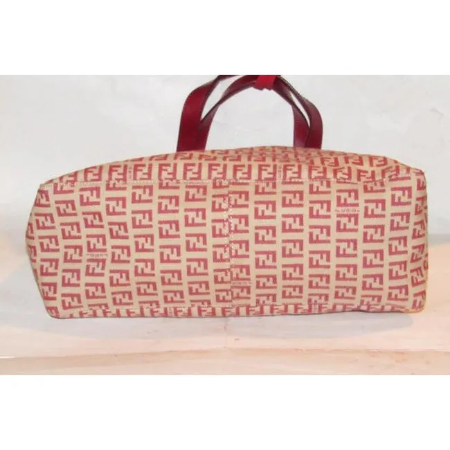 Fendi Top Handle Style Purse Red Zucchino Print On Tan Canvas And Leather Satchel
