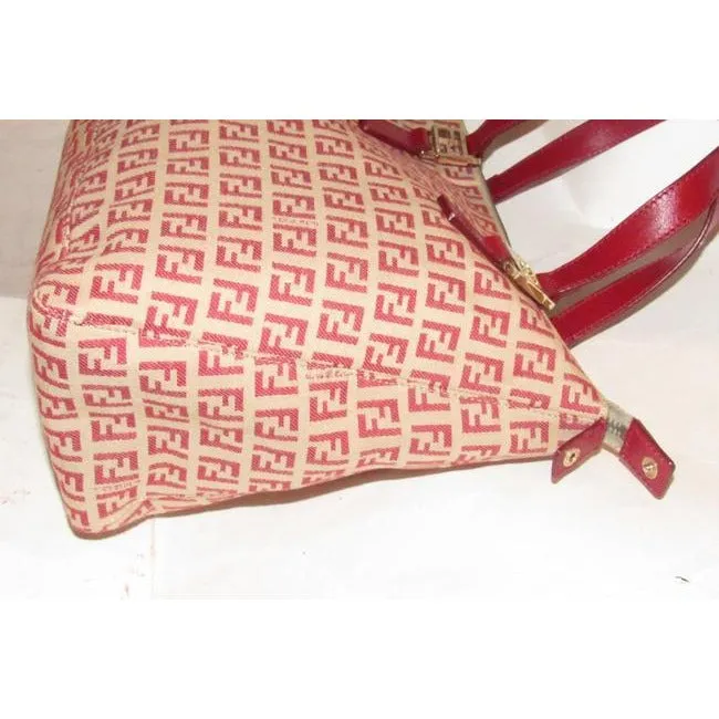 Fendi Top Handle Style Purse Red Zucchino Print On Tan Canvas And Leather Satchel