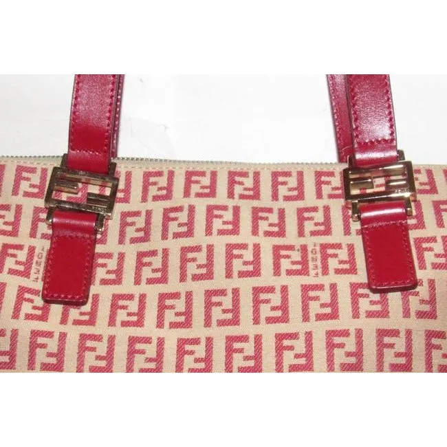 Fendi Top Handle Style Purse Red Zucchino Print On Tan Canvas And Leather Satchel