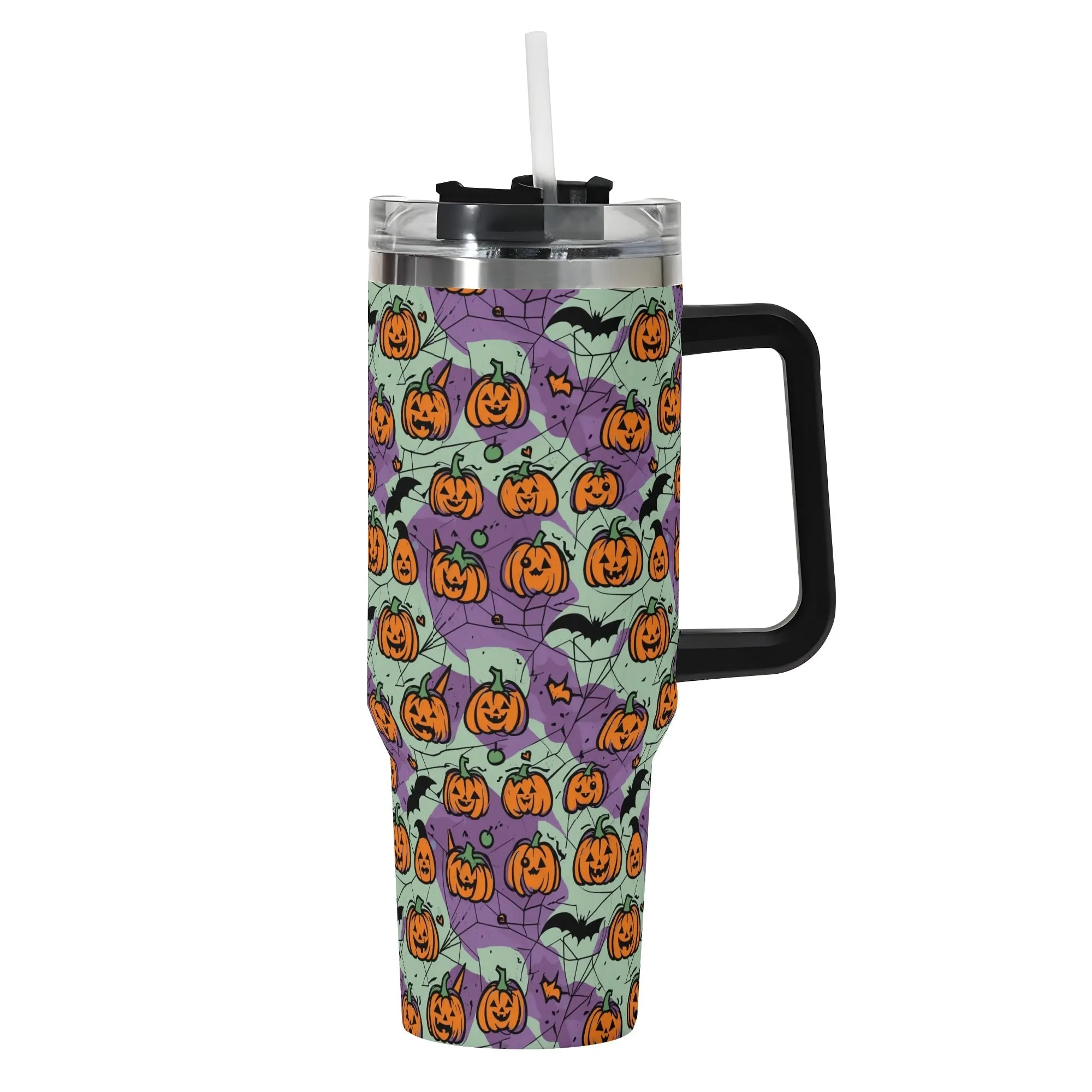 Green Purple Pumpkins 40oz Stainless Steel Tumbler Gift With Black Handle and Straw