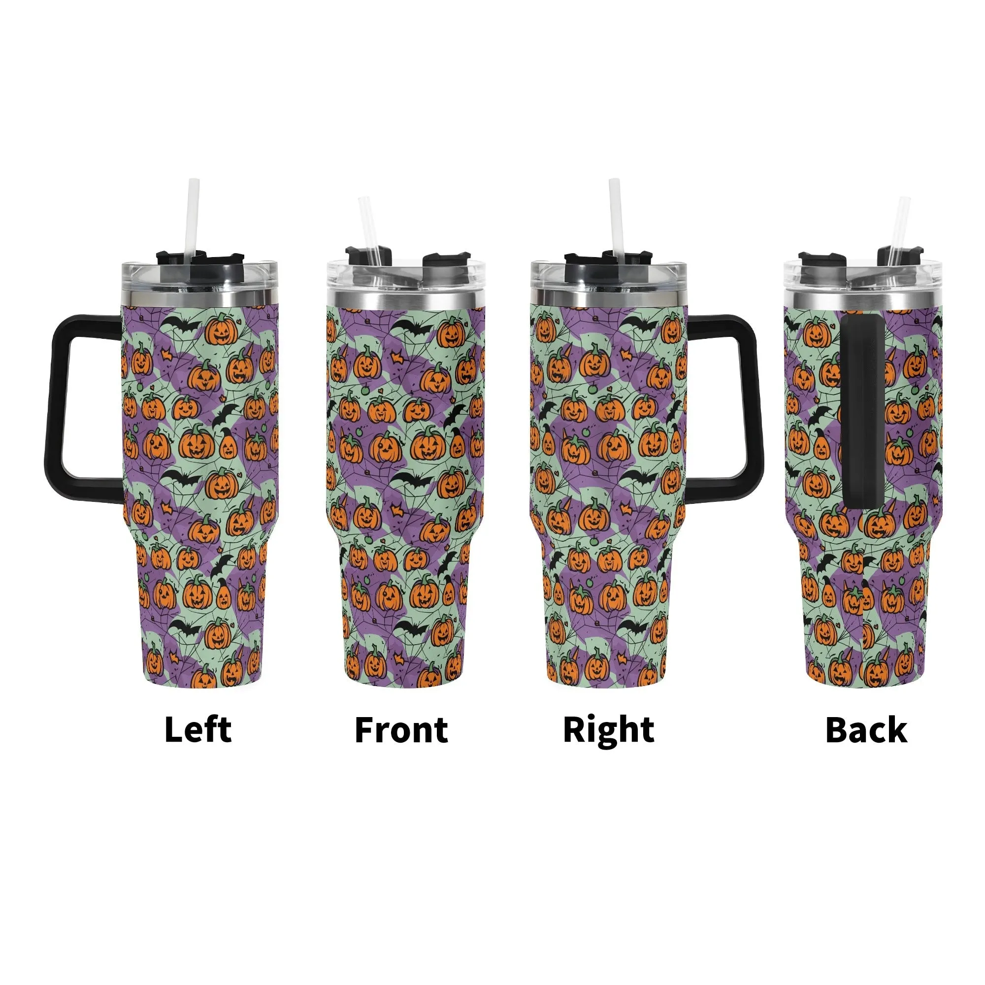Green Purple Pumpkins 40oz Stainless Steel Tumbler Gift With Black Handle and Straw