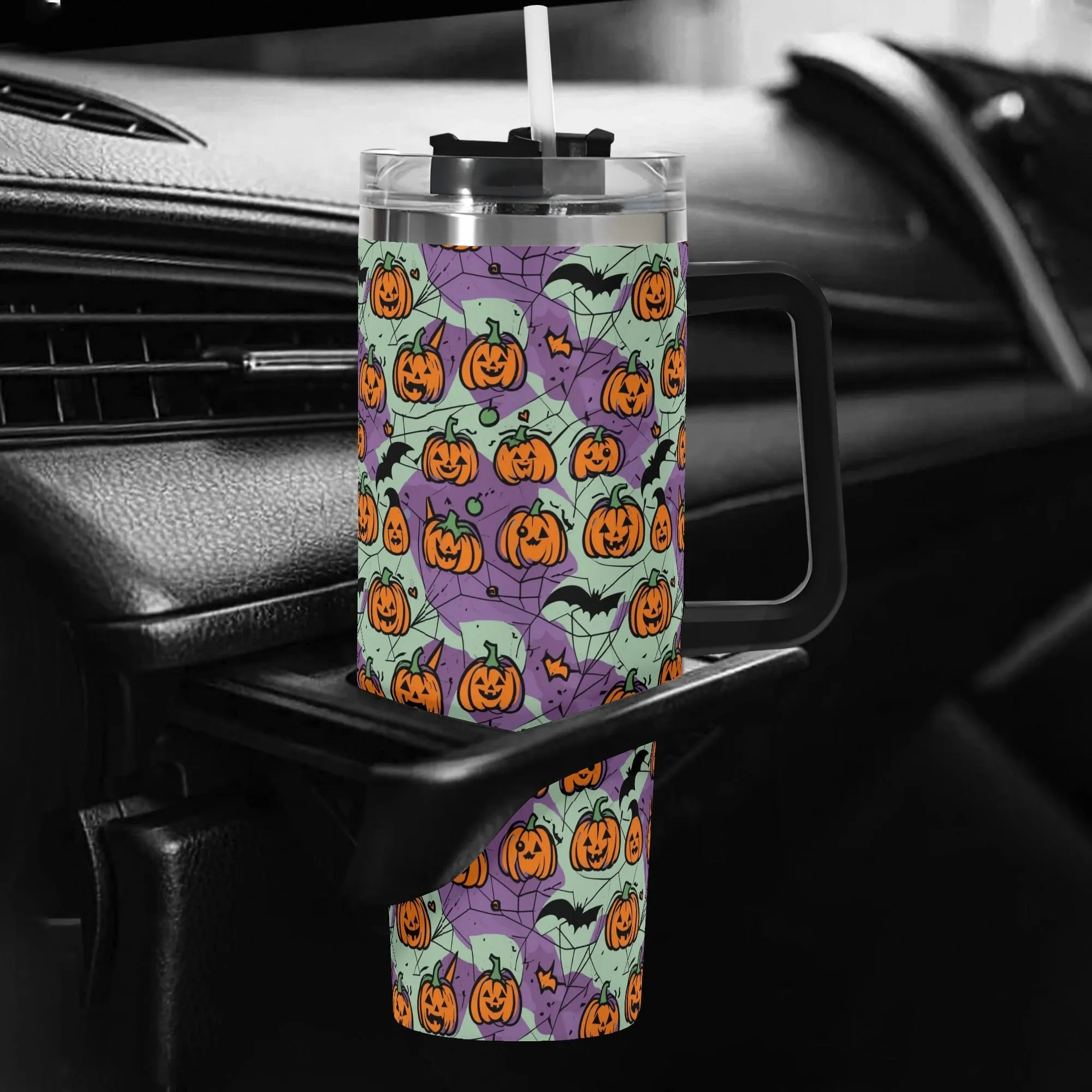 Green Purple Pumpkins 40oz Stainless Steel Tumbler Gift With Black Handle and Straw