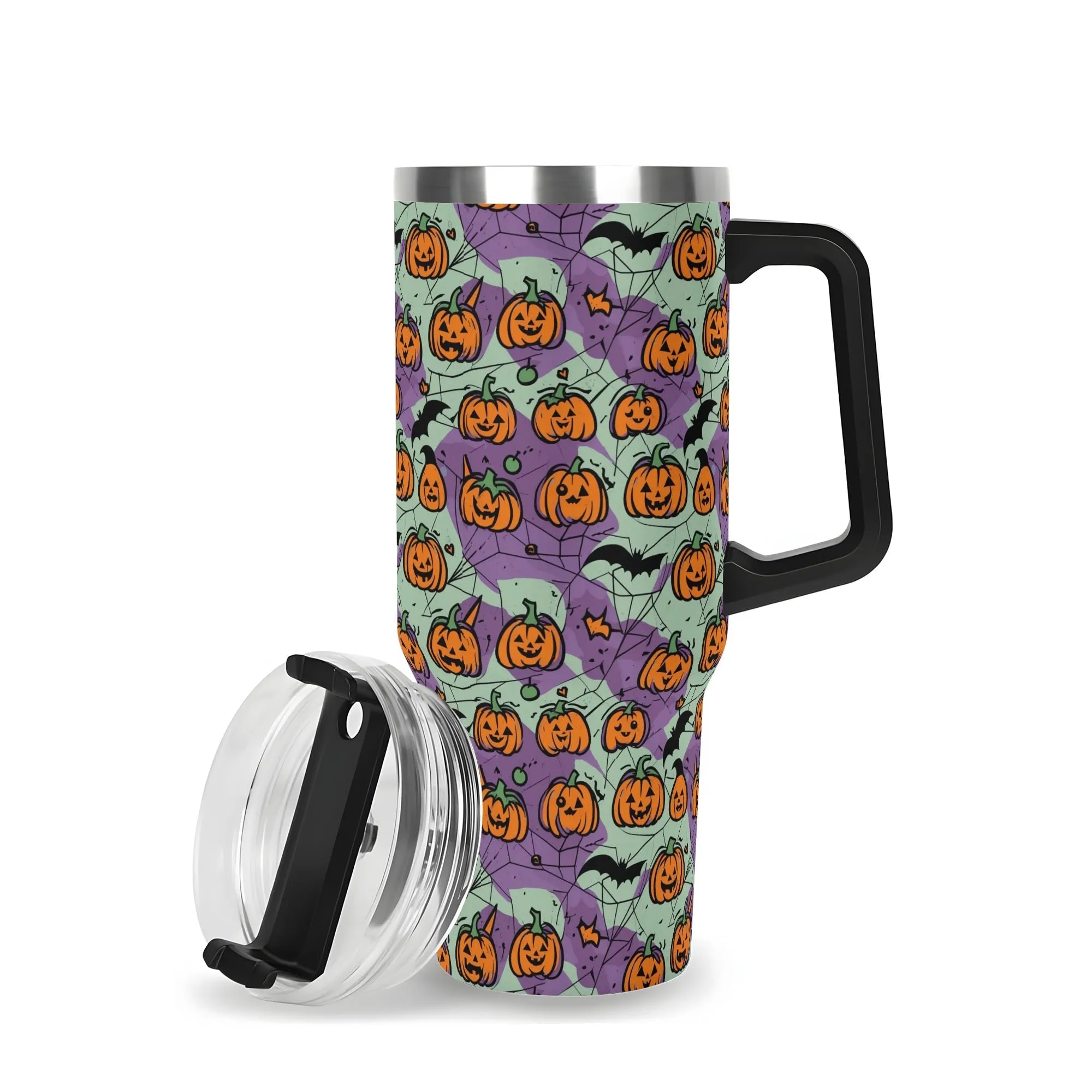 Green Purple Pumpkins 40oz Stainless Steel Tumbler Gift With Black Handle and Straw
