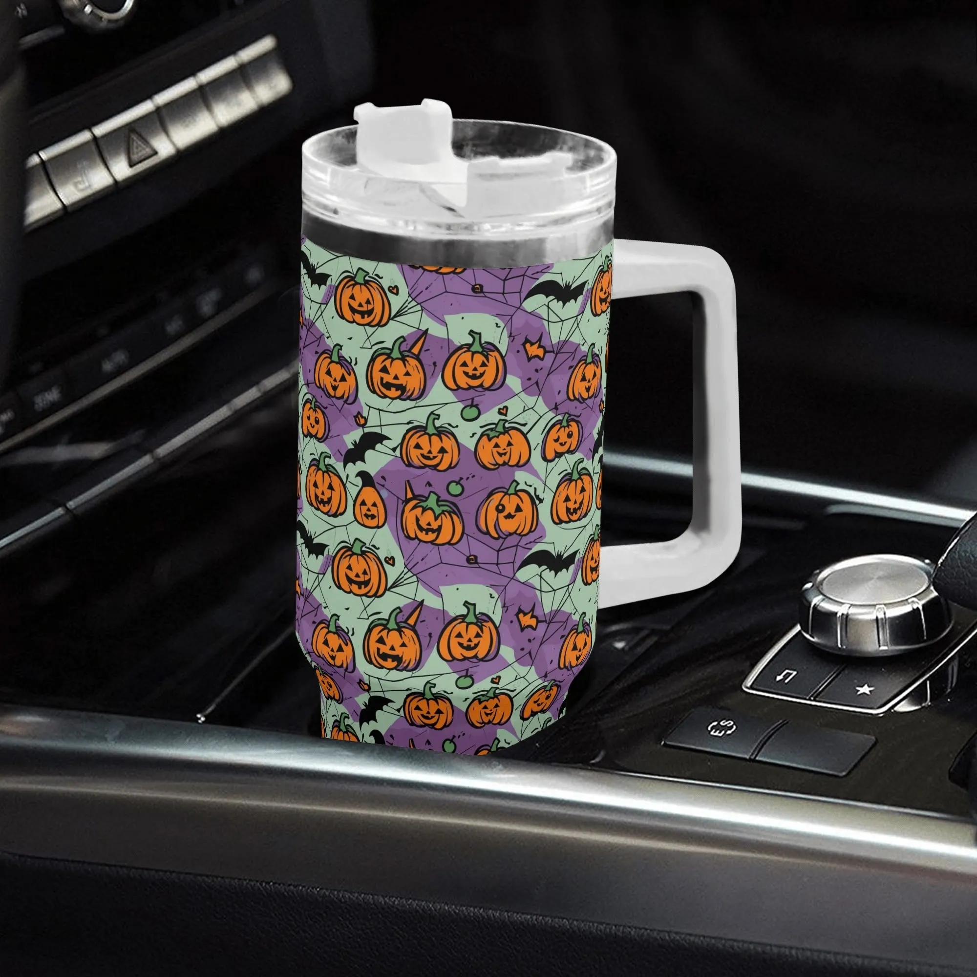 Green Purple Pumpkins 40oz Stainless Steel Tumbler Gift With White Handle and Straw