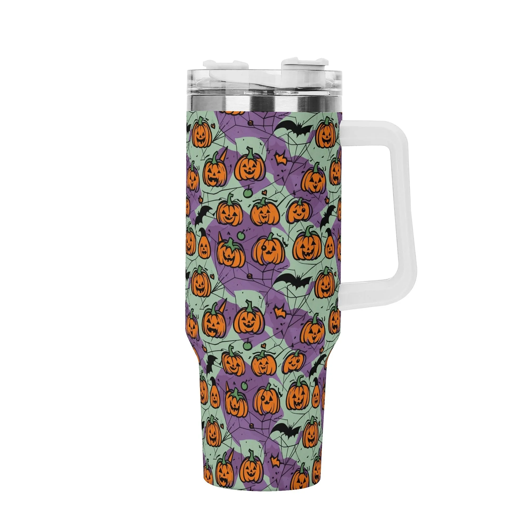 Green Purple Pumpkins 40oz Stainless Steel Tumbler Gift With White Handle and Straw