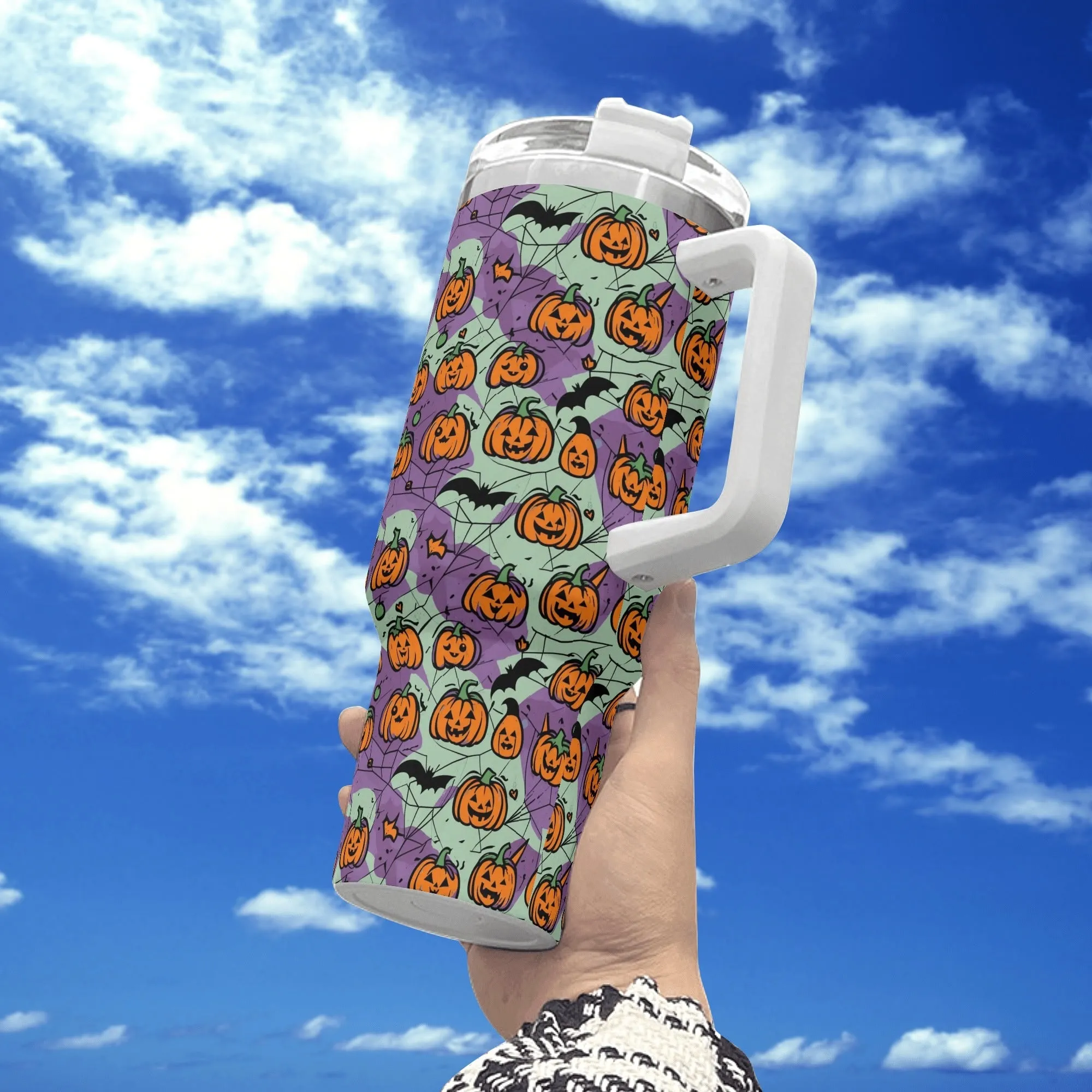 Green Purple Pumpkins 40oz Stainless Steel Tumbler Gift With White Handle and Straw