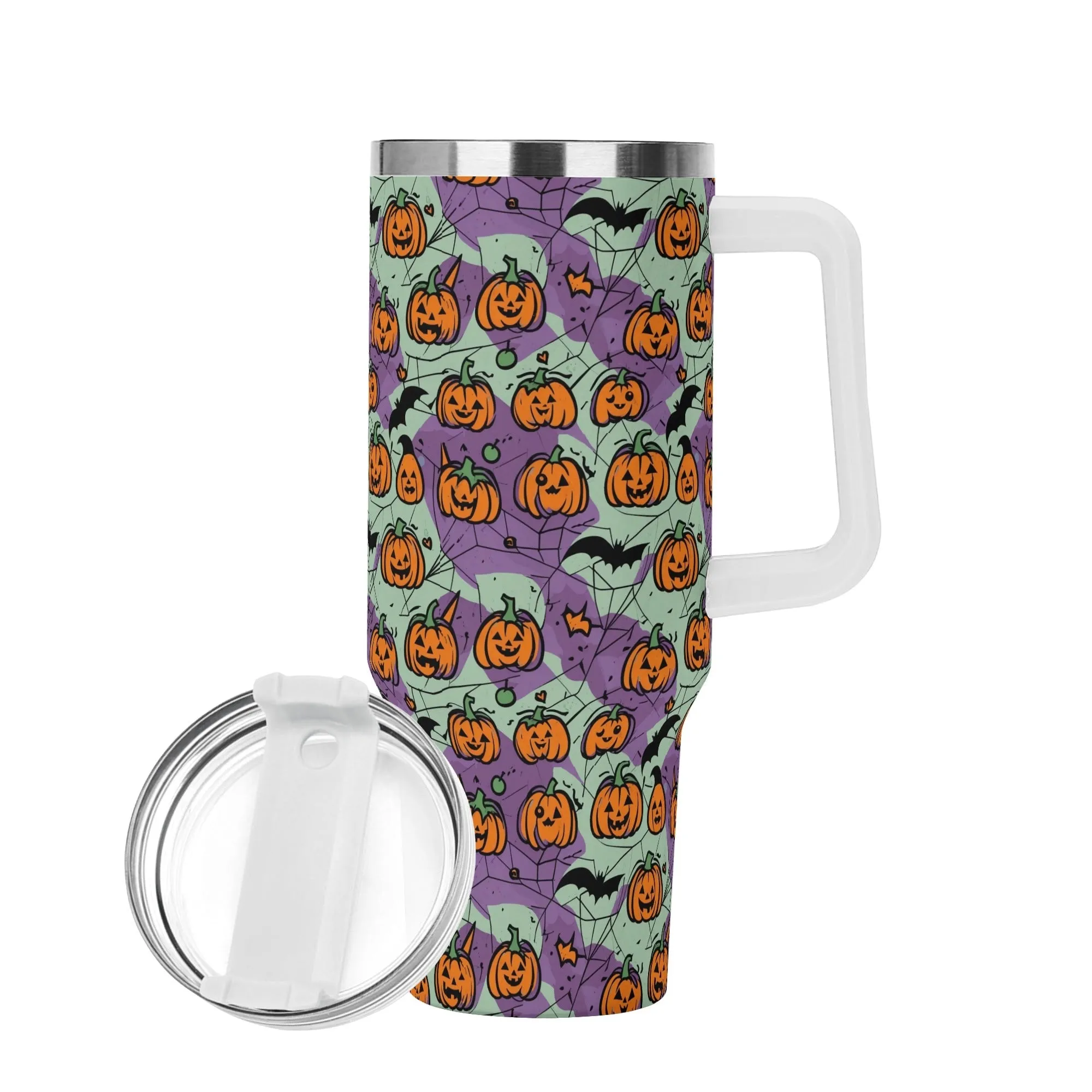 Green Purple Pumpkins 40oz Stainless Steel Tumbler Gift With White Handle and Straw