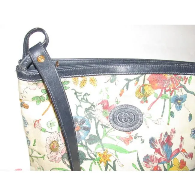 Gucci Garden Souvenir Vintage Pursesdesigner Purses Floral Print Canvas And Navy Blue Leather Satche
