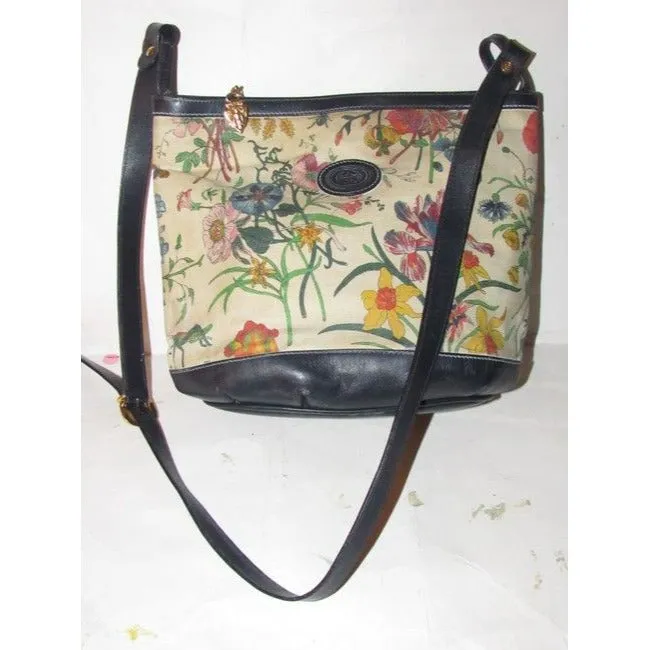 Gucci Garden Souvenir Vintage Pursesdesigner Purses Floral Print Canvas And Navy Blue Leather Satche