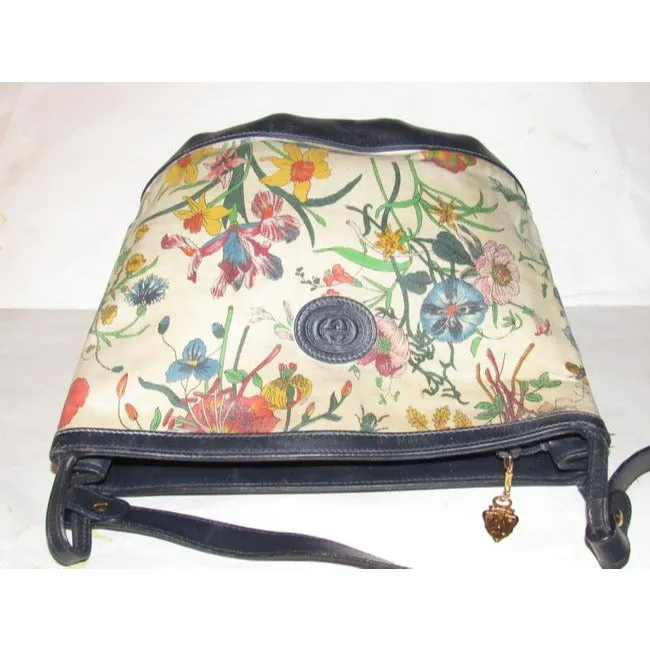 Gucci Garden Souvenir Vintage Pursesdesigner Purses Floral Print Canvas And Navy Blue Leather Satche
