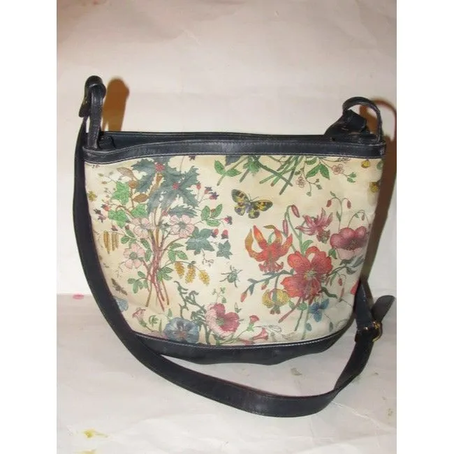 Gucci Garden Souvenir Vintage Pursesdesigner Purses Floral Print Canvas And Navy Blue Leather Satche