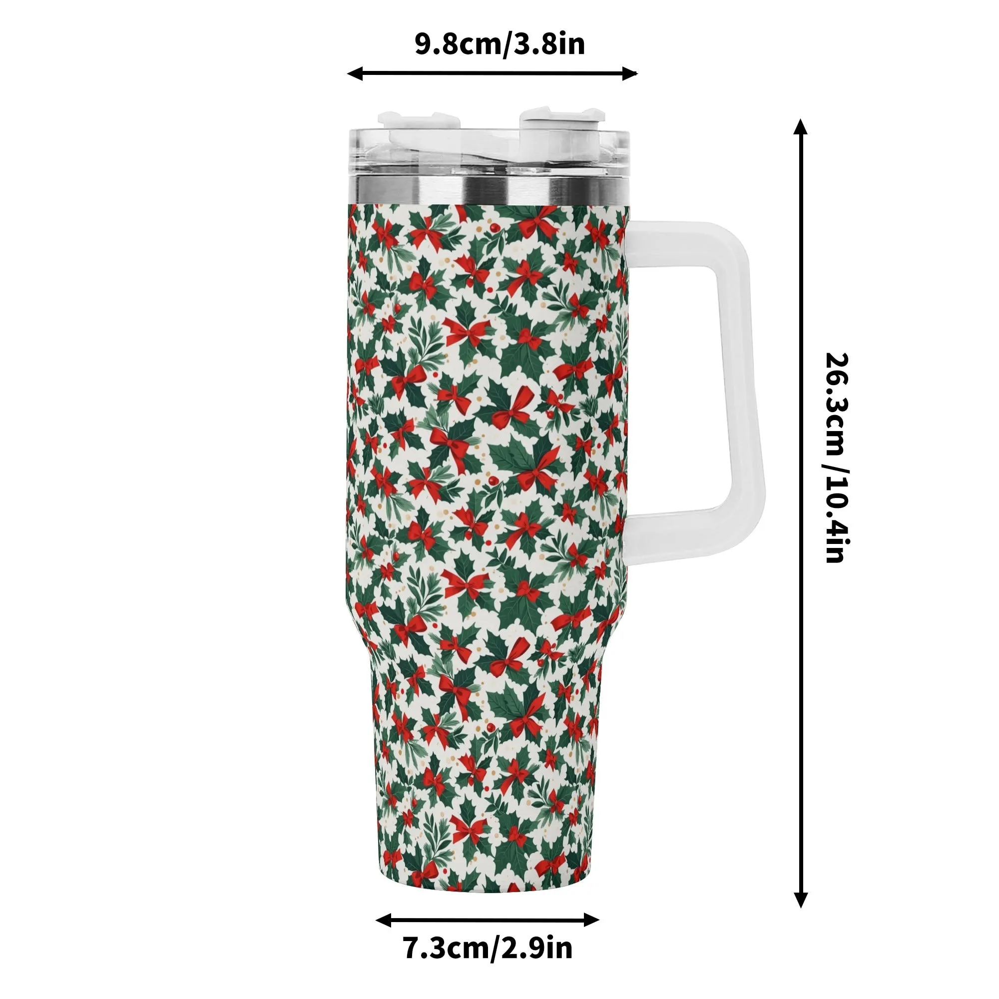 Holly Bow 40oz Stainless Steel Tumbler Gift With White Handle and Straw