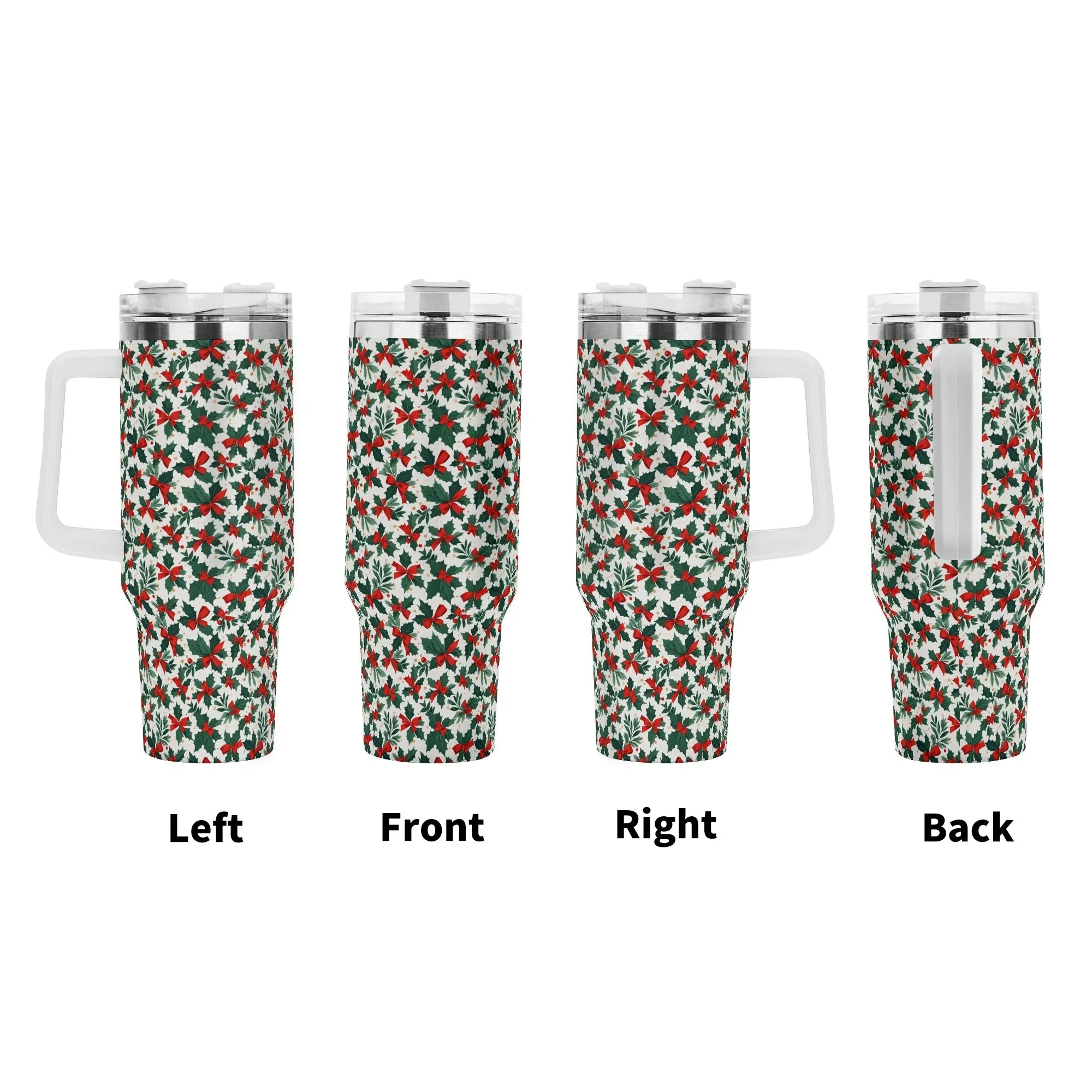 Holly Bow 40oz Stainless Steel Tumbler Gift With White Handle and Straw