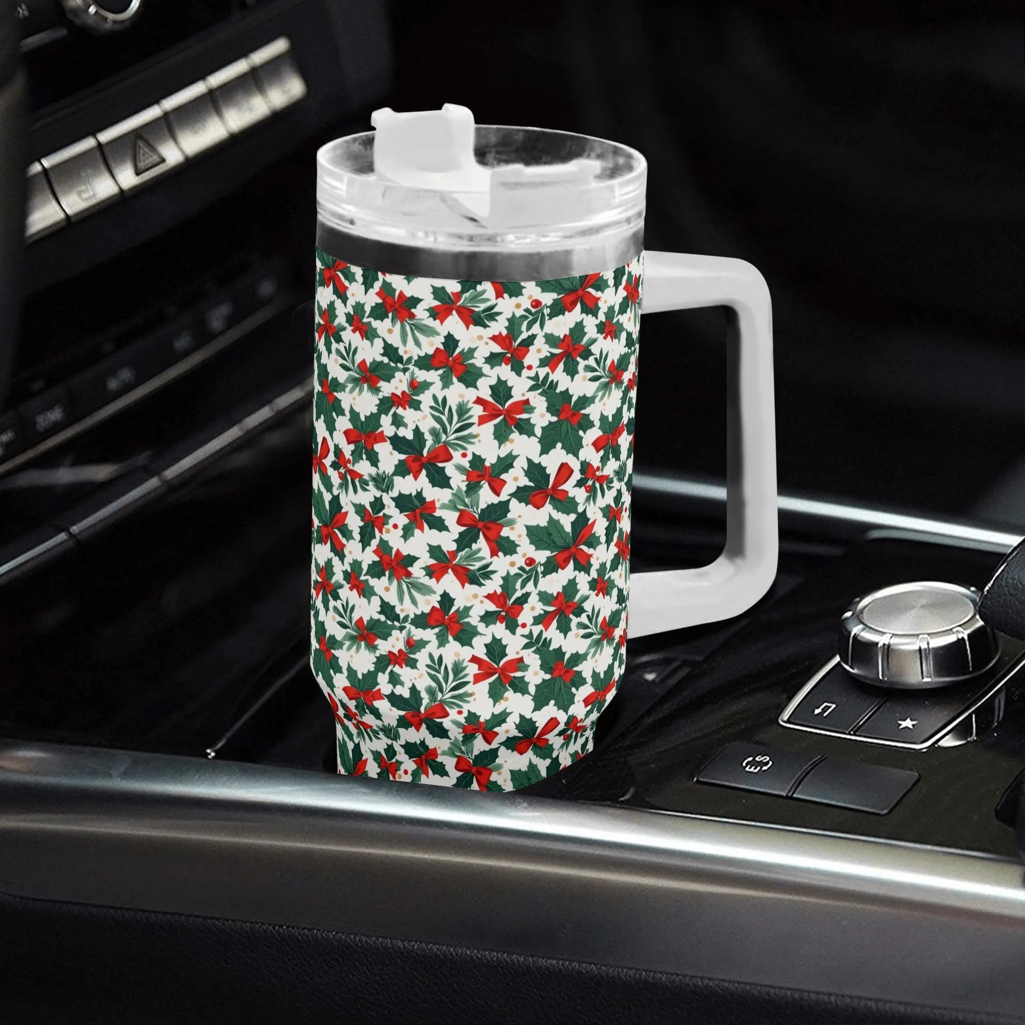 Holly Bow 40oz Stainless Steel Tumbler Gift With White Handle and Straw