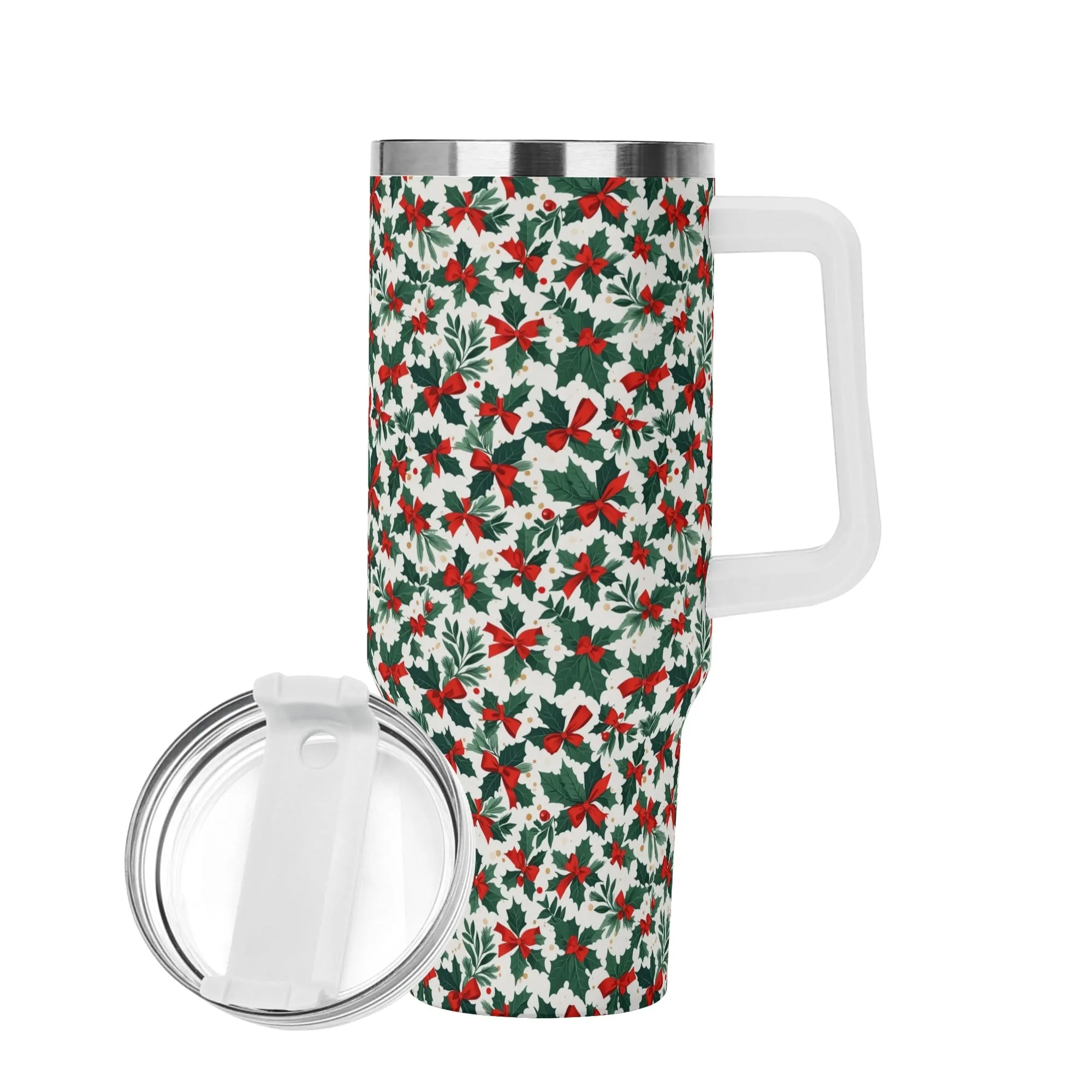 Holly Bow 40oz Stainless Steel Tumbler Gift With White Handle and Straw