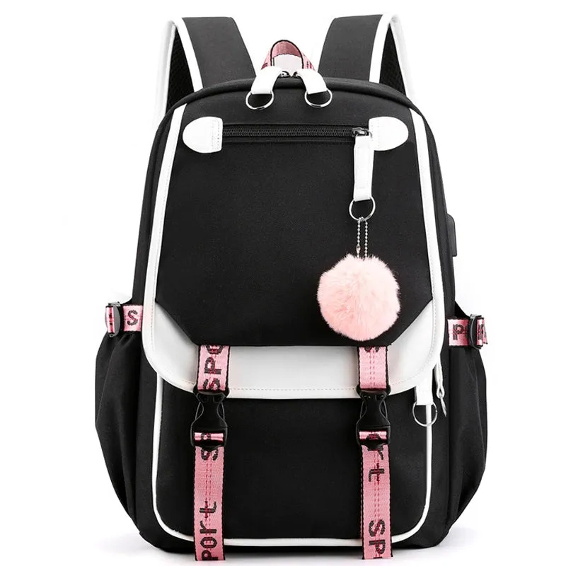 Kids USB School Backpacks - Black Pink Blue Book Bags For Boys Girls Middle School Students Outdoor Daypack