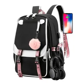 Kids USB School Backpacks - Black Pink Blue Book Bags For Boys Girls Middle School Students Outdoor Daypack