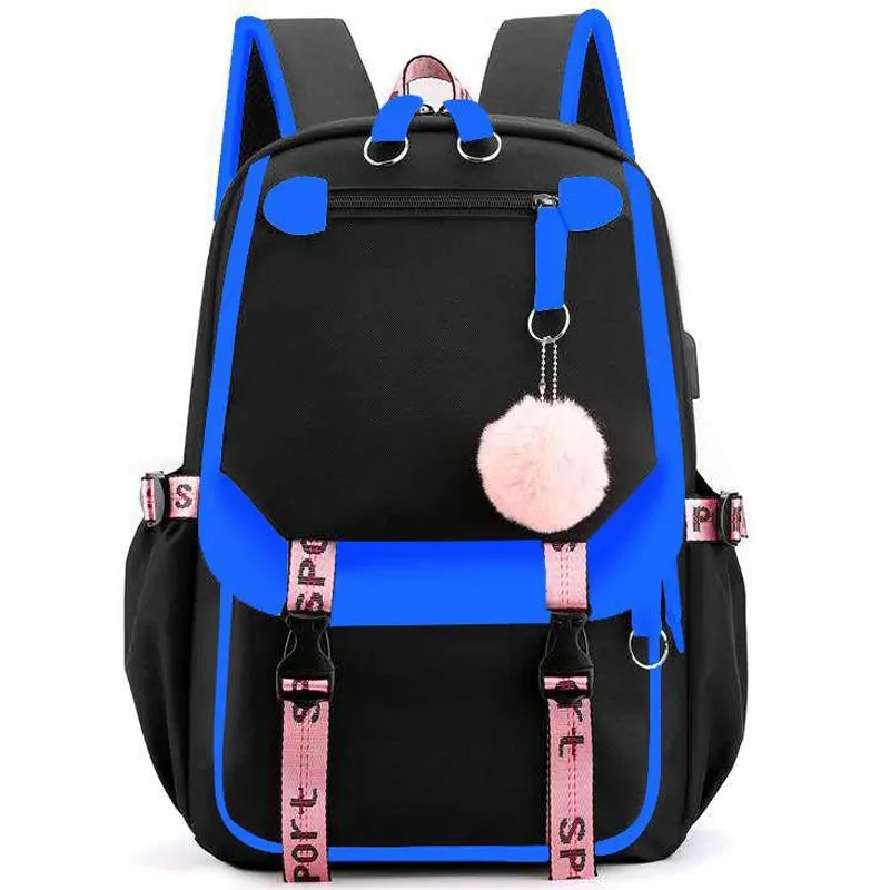 Kids USB School Backpacks - Black Pink Blue Book Bags For Boys Girls Middle School Students Outdoor Daypack