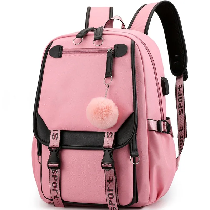 Kids USB School Backpacks - Black Pink Blue Book Bags For Boys Girls Middle School Students Outdoor Daypack