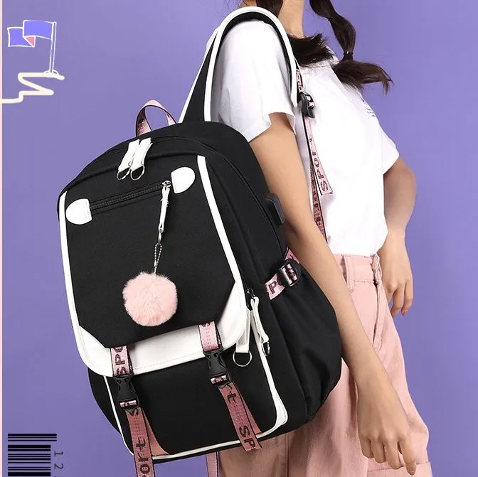 Kids USB School Backpacks - Black Pink Blue Book Bags For Boys Girls Middle School Students Outdoor Daypack