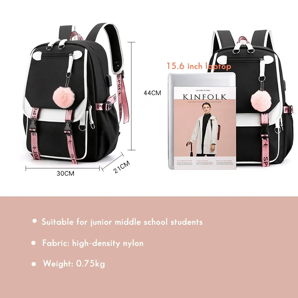 Kids USB School Backpacks - Black Pink Blue Book Bags For Boys Girls Middle School Students Outdoor Daypack