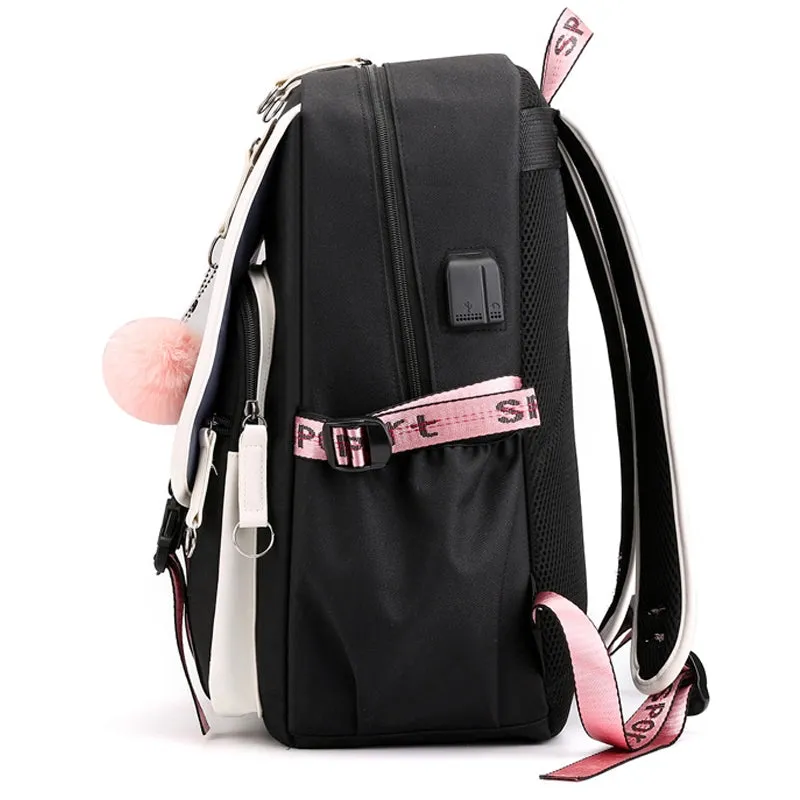 Kids USB School Backpacks - Black Pink Blue Book Bags For Boys Girls Middle School Students Outdoor Daypack