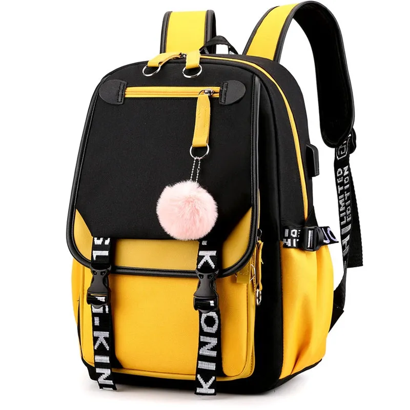 Kids USB School Backpacks - Black Pink Blue Book Bags For Boys Girls Middle School Students Outdoor Daypack