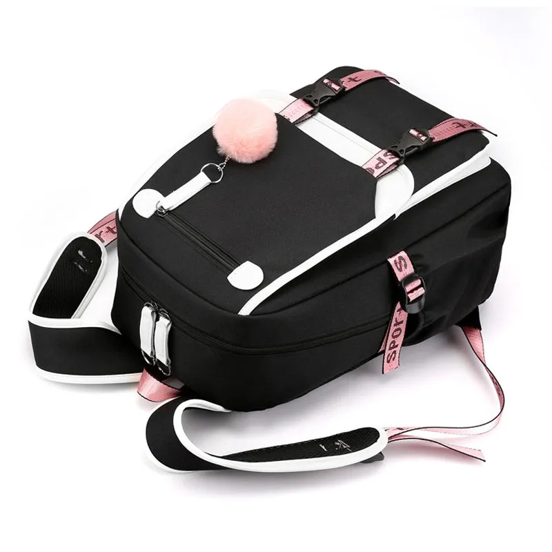 Kids USB School Backpacks - Black Pink Blue Book Bags For Boys Girls Middle School Students Outdoor Daypack