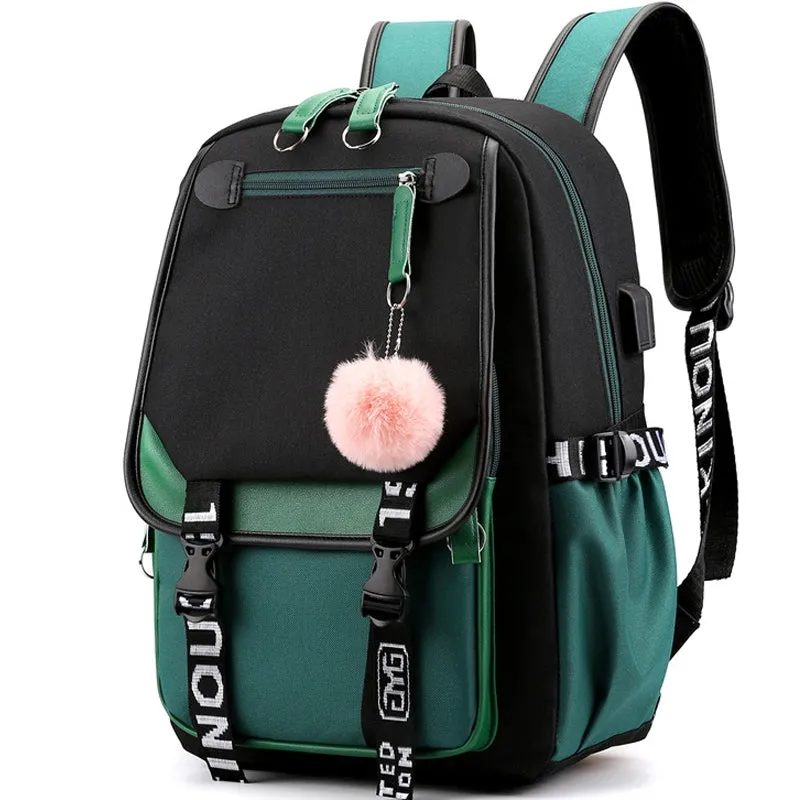 Kids USB School Backpacks - Black Pink Blue Book Bags For Boys Girls Middle School Students Outdoor Daypack